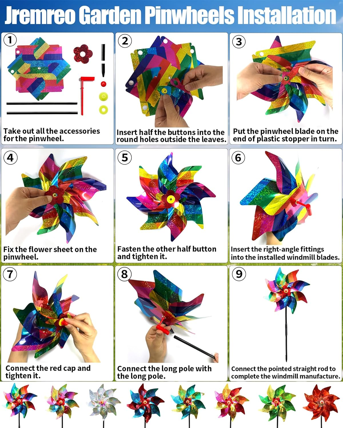 10 Pieces 21 Inches Rainbow Reflective Pinwheels with Stakes Windmill Wind Spinners Outdoor for Yard Garden Lawn Farm Decor Bird Repellent, Large Plastic Foil Pin Wheels for Birds Animal Deterrent image number 2