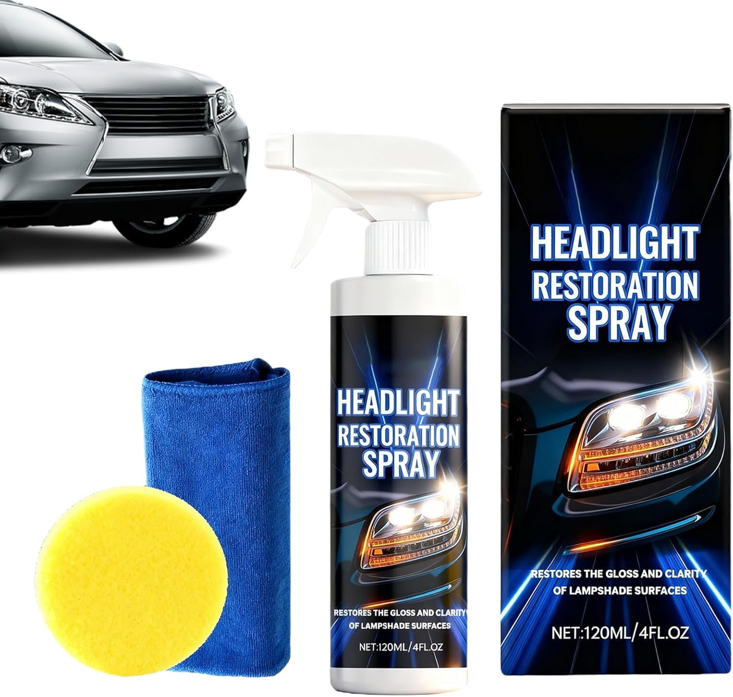 Headlight Restorer Kit,120Ml with Towel and Sponge Long-Lasting Cleaner - Headlight Surfaces Restorer - for Automotive Exterior Motorcycle Garage Clarity Maintenance