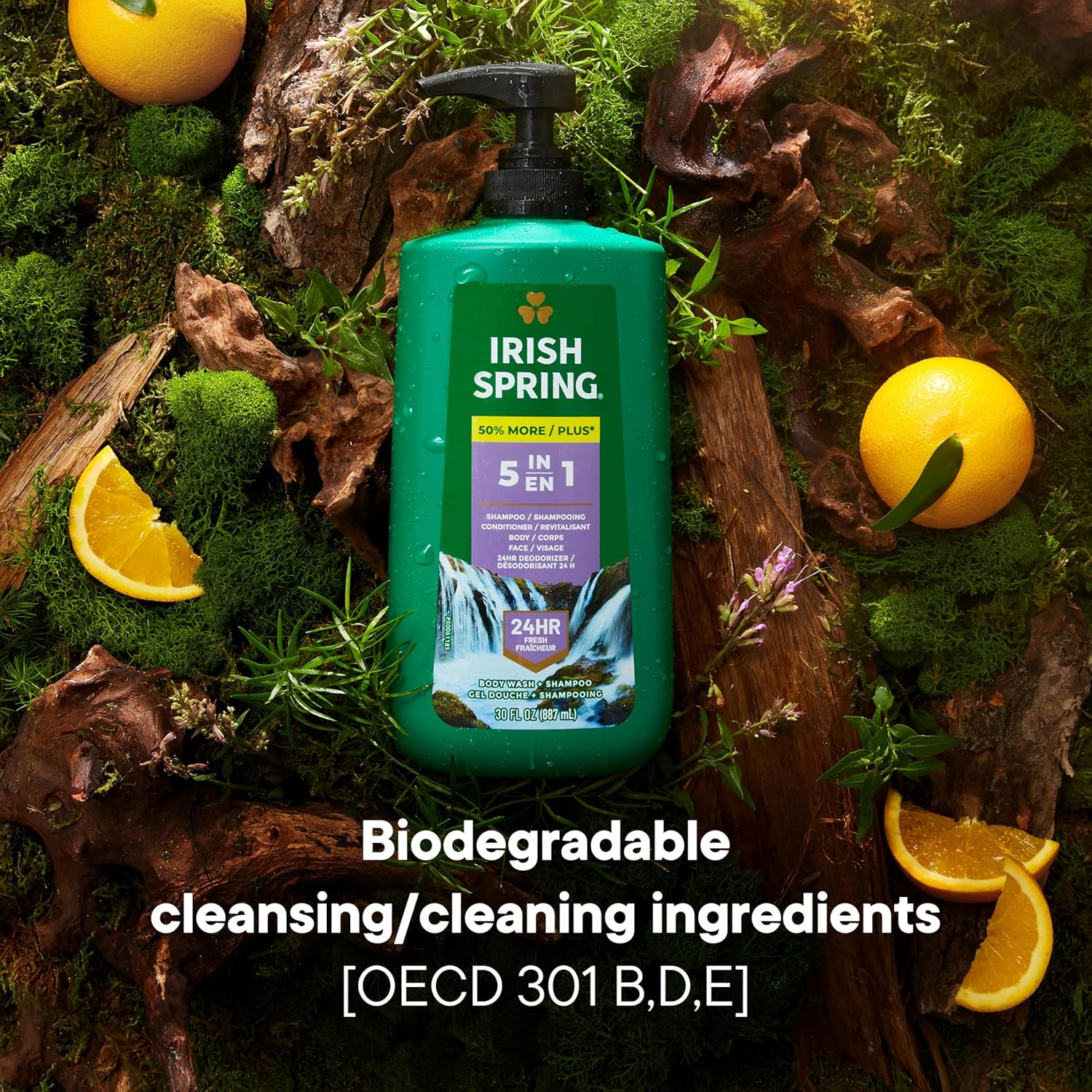 Irish Spring 5 in 1 Body Wash for Men, Men'S Body Wash, Smell Fresh and Clean for 24 Hours, Conditions and Cleans Body, Face, and Hair, Made with Biodegradable Ingredients, 30 Oz Pump image number 2