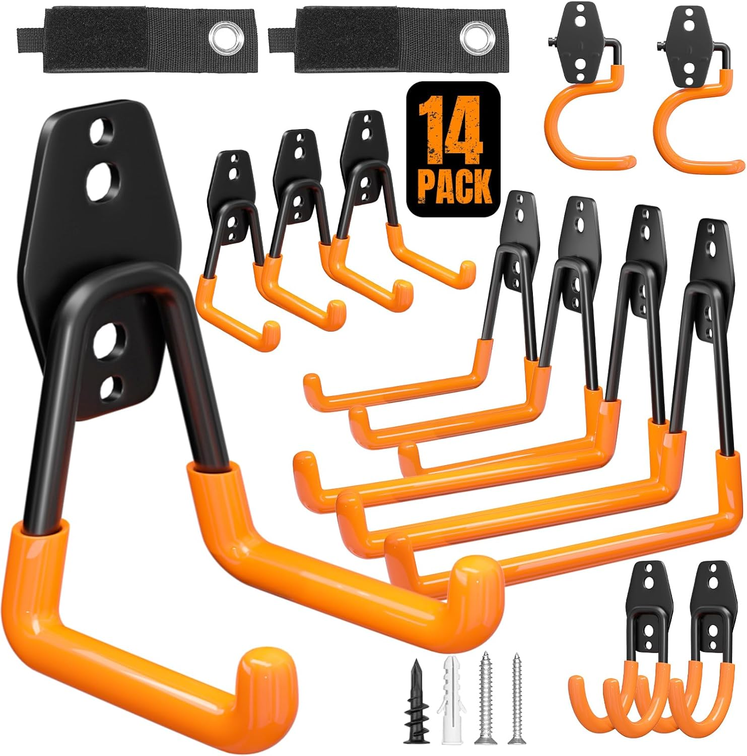 Garage Hooks Heavy Duty 14 Pack Wall Mount Storage Hangers with Mop Broom Holders and Extension Cord Holder Organizer for Power Tool Garden Tool Utility Ladder Hose