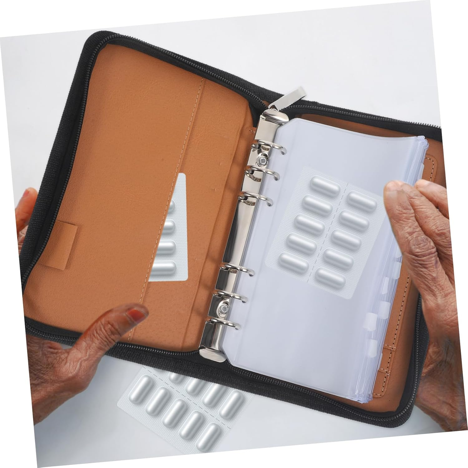 Waterproof Travel Medicine Organizer Pouch, Portable Pu Loose-Leaf Pill Storage Case 8.27 X 5.12 Inch 6 Zipper Pocket Holders, Green Travel Medication Bag for Daily and Trip Use image number 1