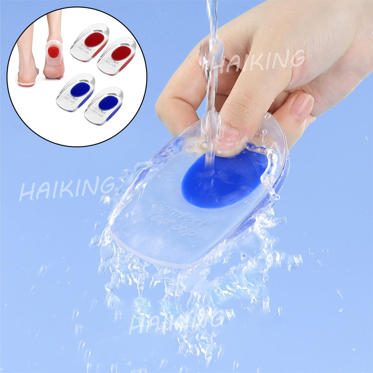 Silicone Gel Heel Cups, 2 Pairs Blue and Red Orthotic Shoe Inserts Foot Care Accessories for Men, Women Sore Heel Pain Relief (2 Sizes) image number 4