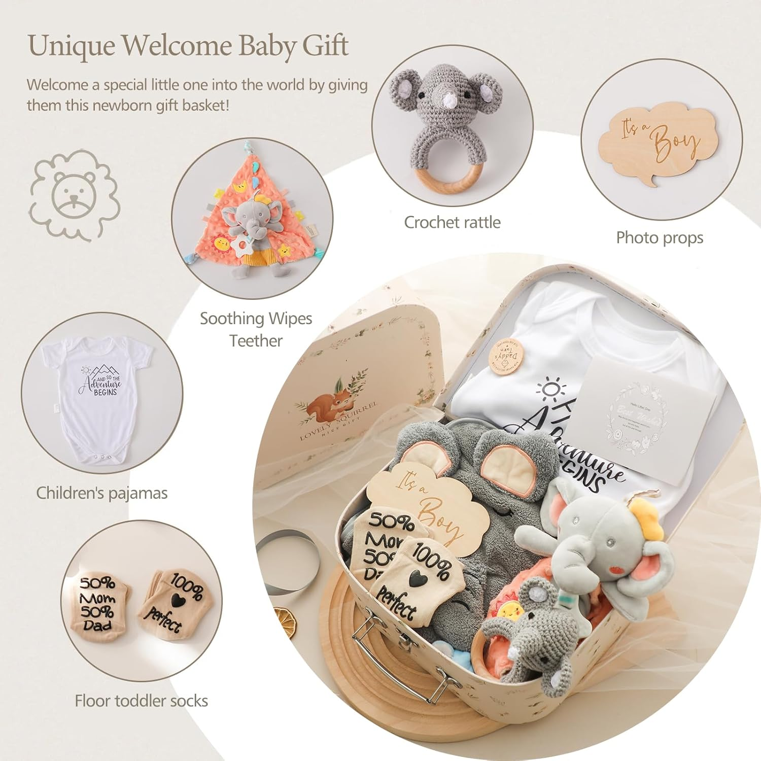 Promise Babe Baby Gift Set Newborn Shower Birth Gifts for Boys Baby Party Bath Towel Milestone Baby Blanket Romper Socks Child Wood Crocheted Elephant Rattle Toy Photo Requisite (For Boy) image number 2