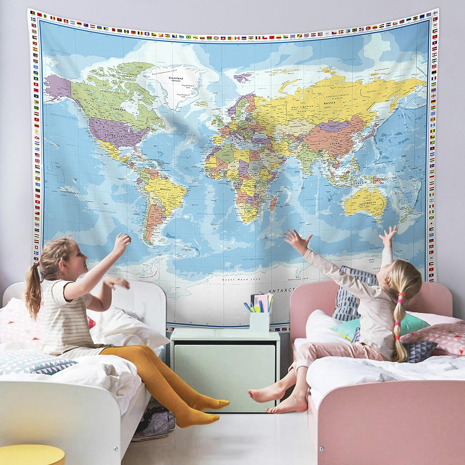 Large World Map Tapestry - Wall Hanging with Country Flags for Kids' Room, Classroom Decor - 60X80 In image number 1