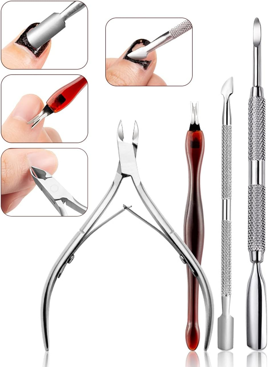 4 PCS Nail Polish Remover Tools Kit with Nail Clips Nail Files Cuticle Pusher and Cutter Set, Professional Nail Polish Removal Accessories, Stainless Steel Cuticle Remover Tools, Nail Artist Tools image number 2