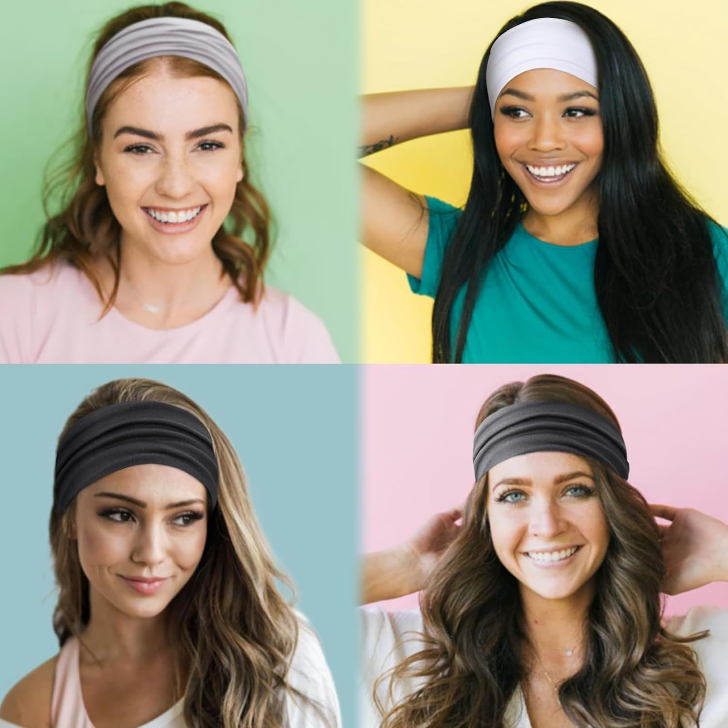 Weidllys Headbands for Women Men, 6-Pack Wide Non-Slip Stretchy Hair Bands, 4 Inch Fabric Sweatbands for Yoga, Workout, Sports, Fashion, Black White Grey