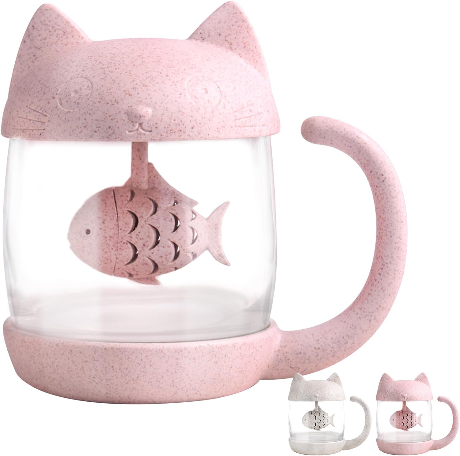 Cat Glass Tea Mug Water Bottle-With Fish Tea Infuser Strainer Filter 250ML（8OZ） (Pink)