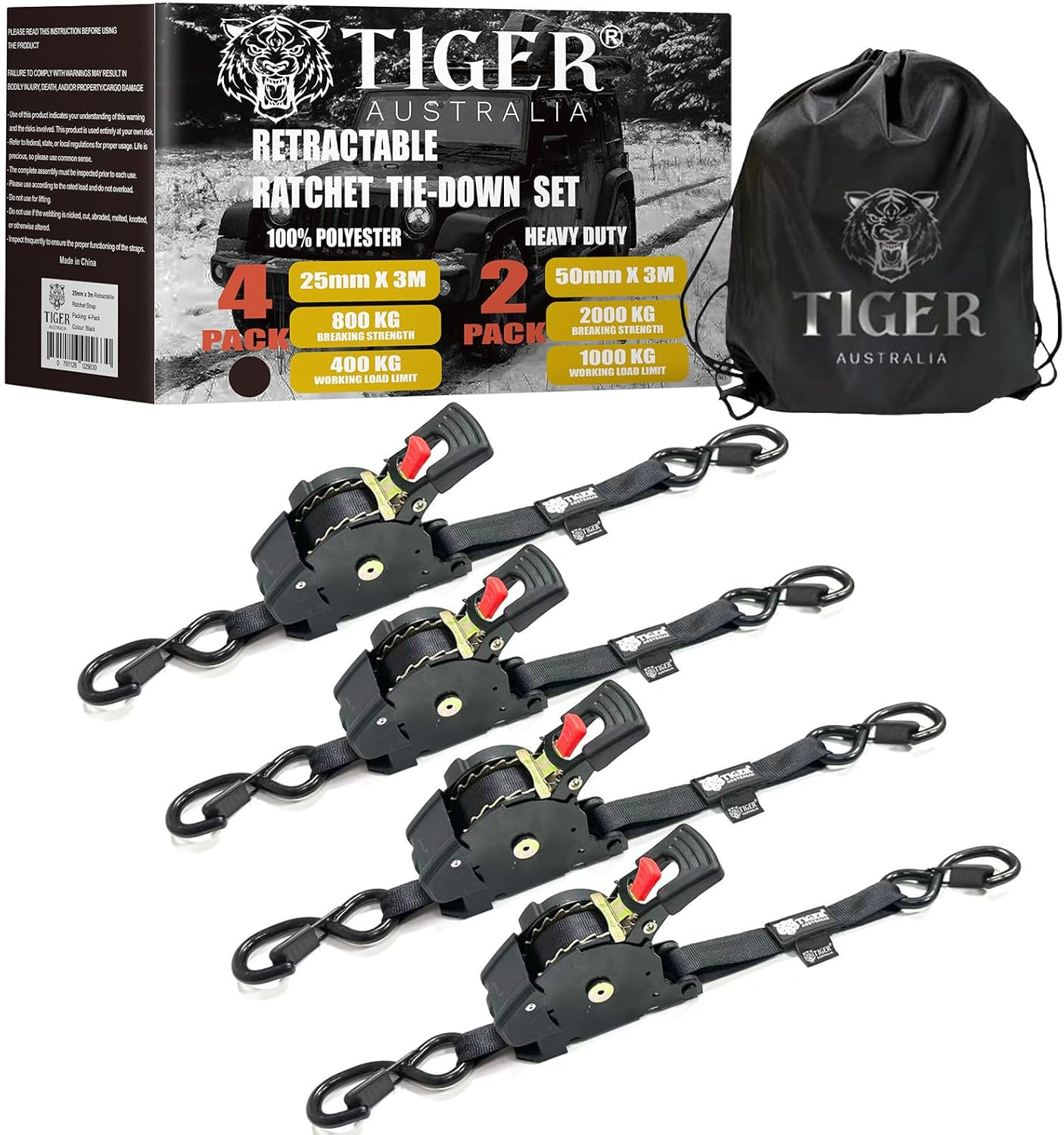Tiger Australia Retractable Ratchet Straps 4 Pack &ndash; 25Mm X 3M Tie down Straps, Upgraded to Stainless Steel Spring, with S-Hooks and Storage Bag, for Trailers, Utes, Boats, Moving