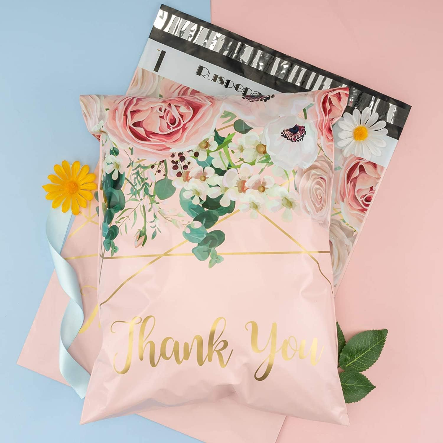 Postage Bags 30X40Cm - 3 Mil Heavy Duty - Tear-Resistant with Self-Sealing Strip Thank You and Flower Design Pink Shipping Bags for Gift Clothes Shoes Packaging, Mailing - 50 Pack image number 2