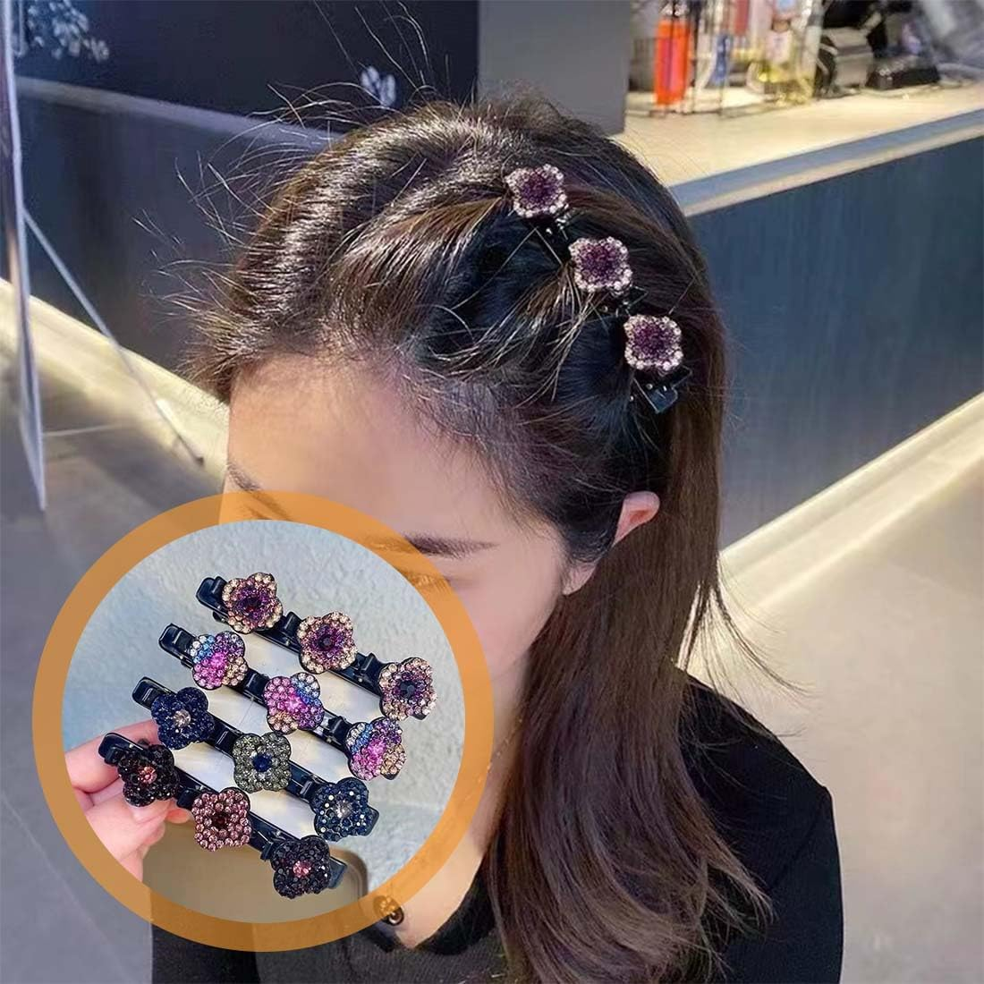 LAKJUOZ Pack of 8 Glittering Crystal Stone Braided Hair Clips, Hummingbird Hair Clip with Crystal Flower, Braided with Mini Hair Clips, Double Layer Mini Hair Clips, Four Leaf Clover and Flowers