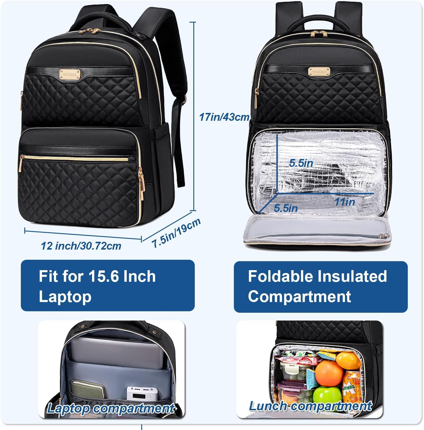 Weitars Lunch Backpack, Insulated Cooler Backpack 15.6 Inch Laptop Backpack for Women Men,Travel Backpack,Work Backpack image number 3