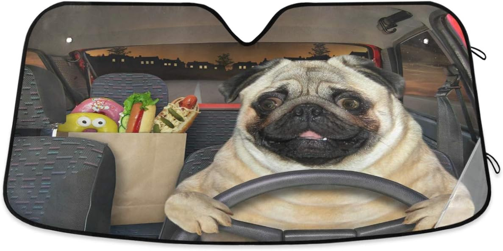 Fun Pug Dog Driving Car Windshield Sun Shade Foldable UV Ray Sun Visor Protector Sunshade to Keep Your Vehicle Cool (55" X 27.6") image number 1