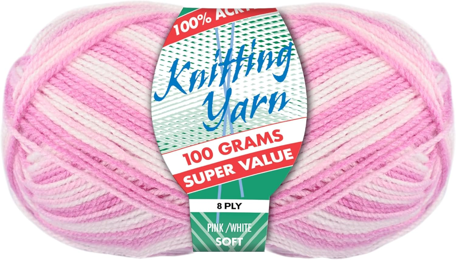 100% Acrylic 8-Ply Knitting Yarn 100 G, Pink/White image number 4