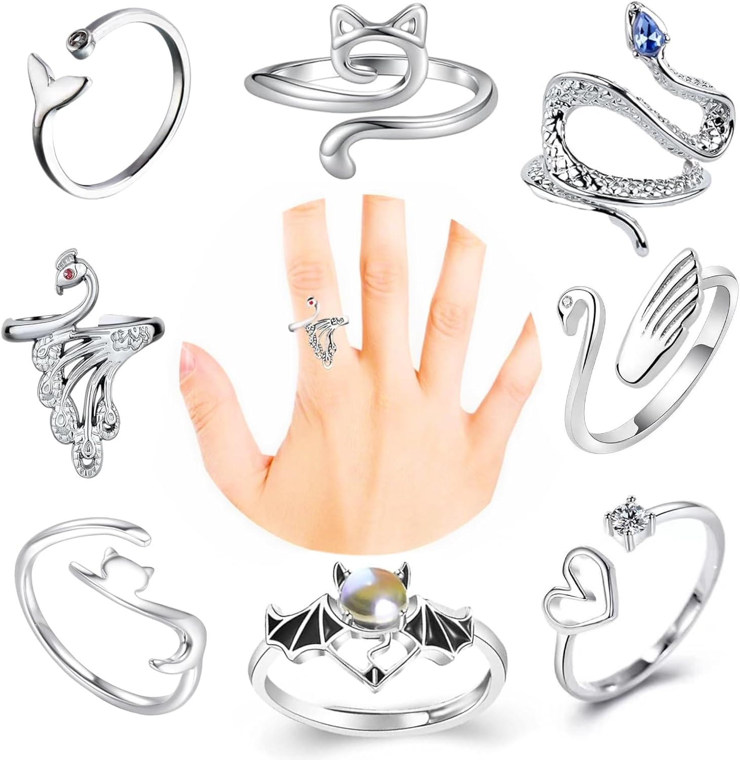 Knitting Rings, 8 Pcs Silver Metal Adjustable Crochet Knitting Tools for Hand Weaving, Hook Line Supplies, with Animal Shape Open Finger Ring (8 Styles) image number 5