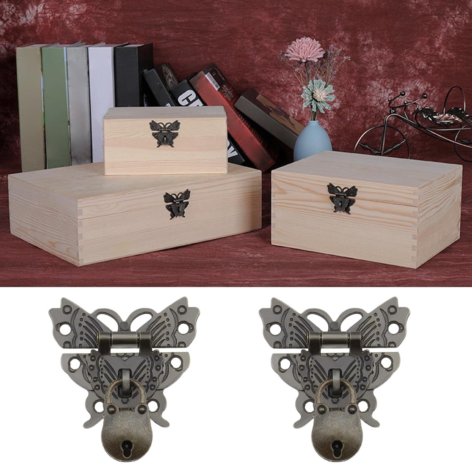 Ecsing 2PCS Butterfly Shaped Hasps & 2PCS Little Bear Padlocks Antique Decorative Latch Buckle for Vintage Wooden Box Jewelry Box Cabinet Cupboard Bronze image number 5