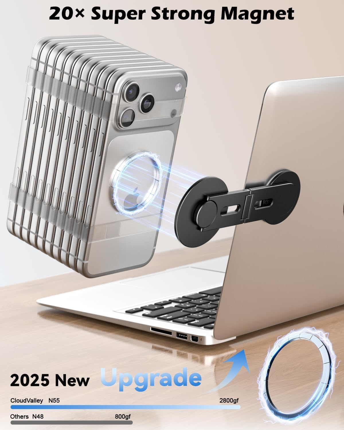 Cloudvalley Magnetic Laptop Phone Holder, 360&deg; Rotating Mount Compatible with Iphone Magsafe and All Phones, Macbook, PC Monitor, Screen Stand for Tesla, Portable Accessory, Black - Grey image number 6