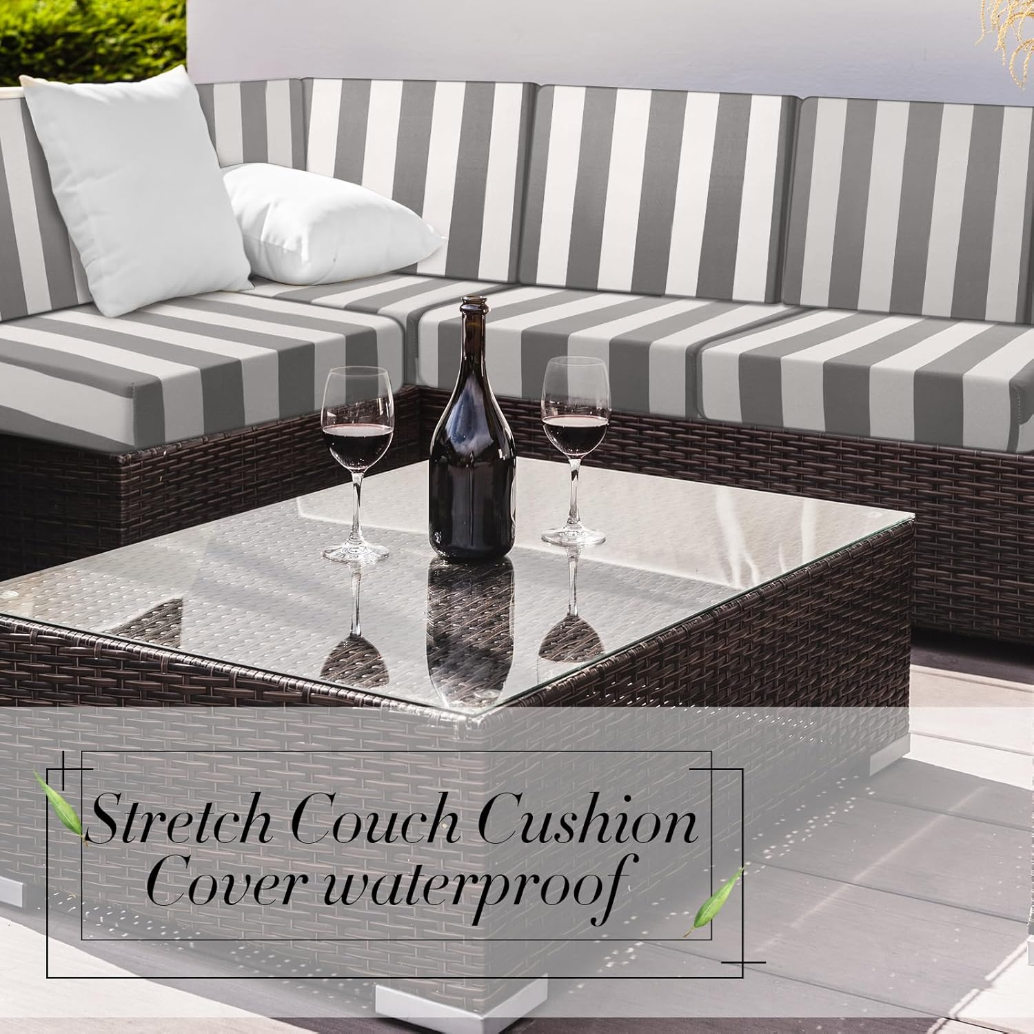 Newwiee 8Pcs Outdoor Stretch Cushion Covers Patio Stripe Sofa Cushion Cover Slipcovers Replacement Patio Furniture Couch Cushions Cover Chair Seat Cover Washable Soft Protector for Pet (Gray) image number 5