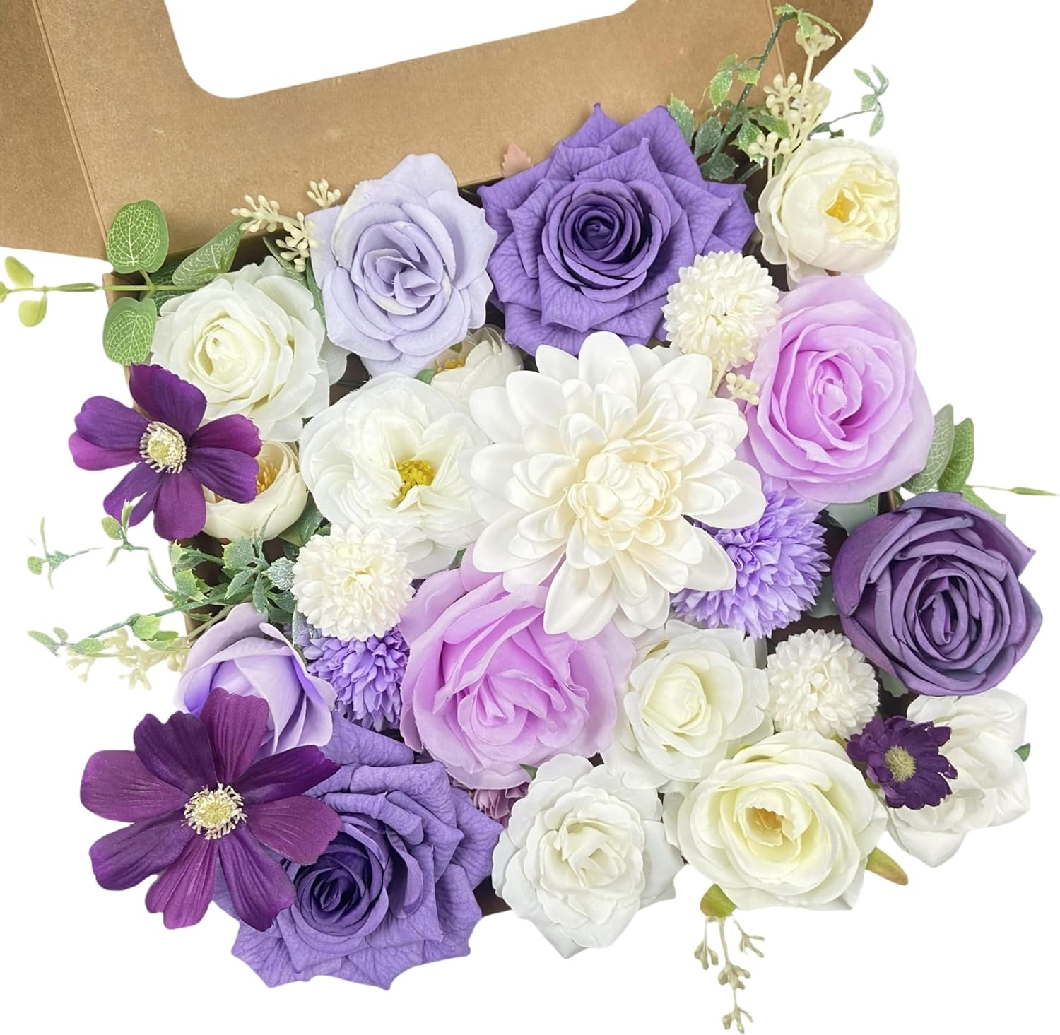 Artificial Silk Purple Champagne Rose Flowers Box for Wedding Decorations, Real Touch Peony and Fake Rose Bouquets with Stems for Wedding Cake Topper Party Bridal Bouquets Indoor Outdoor Decorations