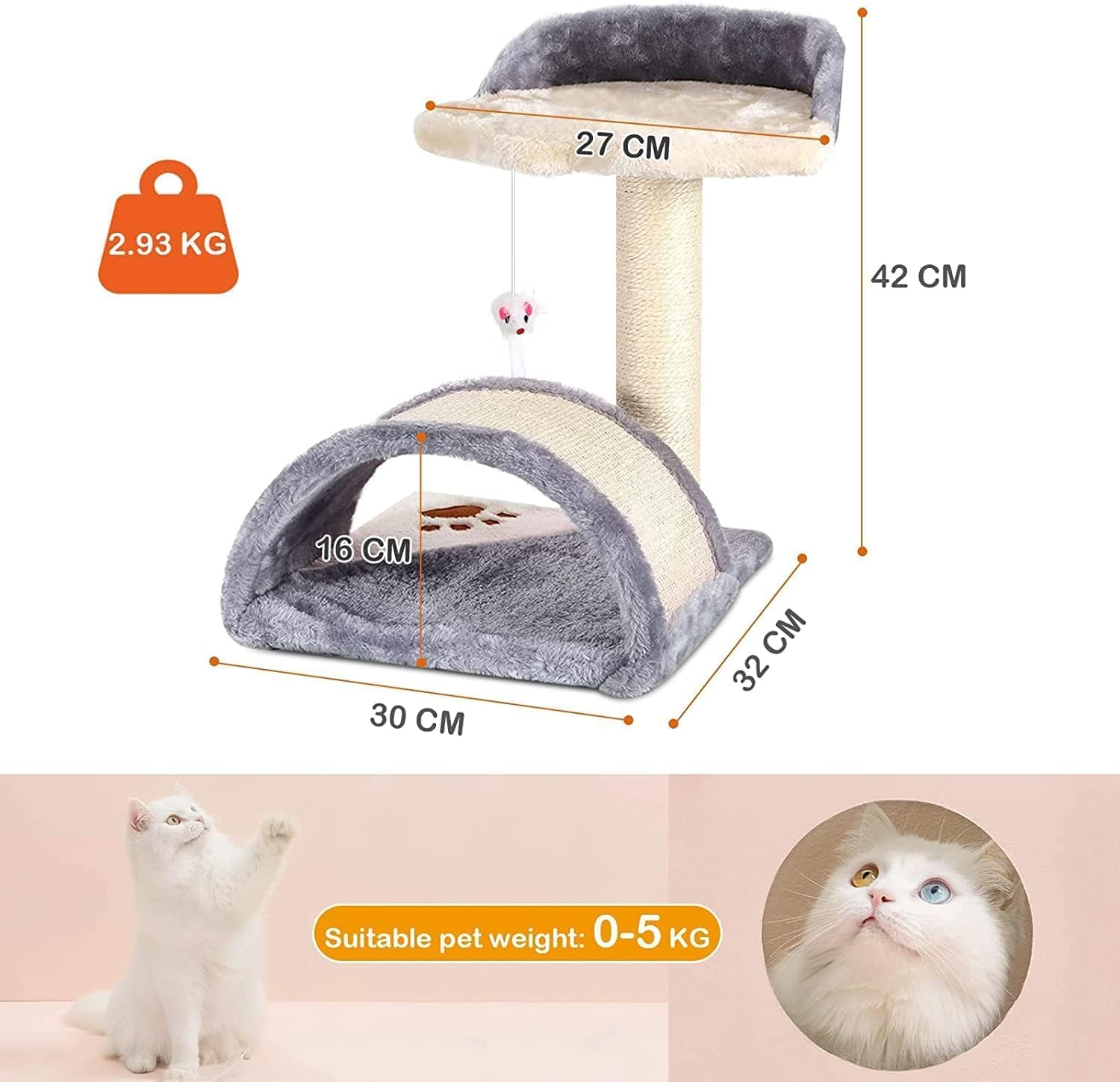 Cat Scratching Post, Cat Scratcher Tree with Cave Cat Tower and Condos Natural Sisal Post with Perch Platform, Scratching Posts for Indoor Cats for Small or Medium Pets Kitties (White Gray) image number 4