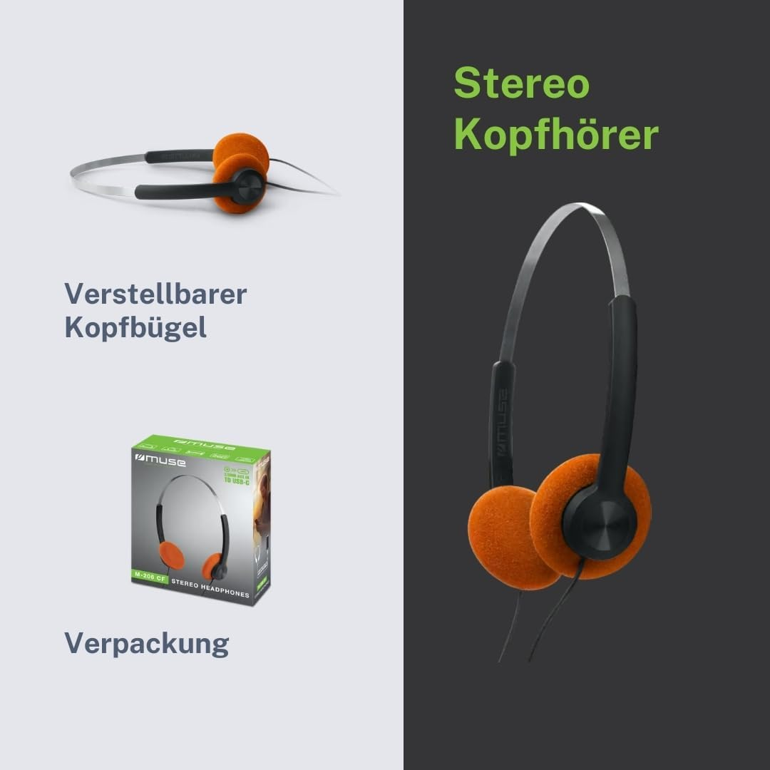 Muse M-206 CF Stereo Headphones | 3.5 Mm Jack with USB-C Adapter | Lightweight Design with Adjustable Metal Headband & 30 Mm Drivers | Retro Style Headphones image number 1