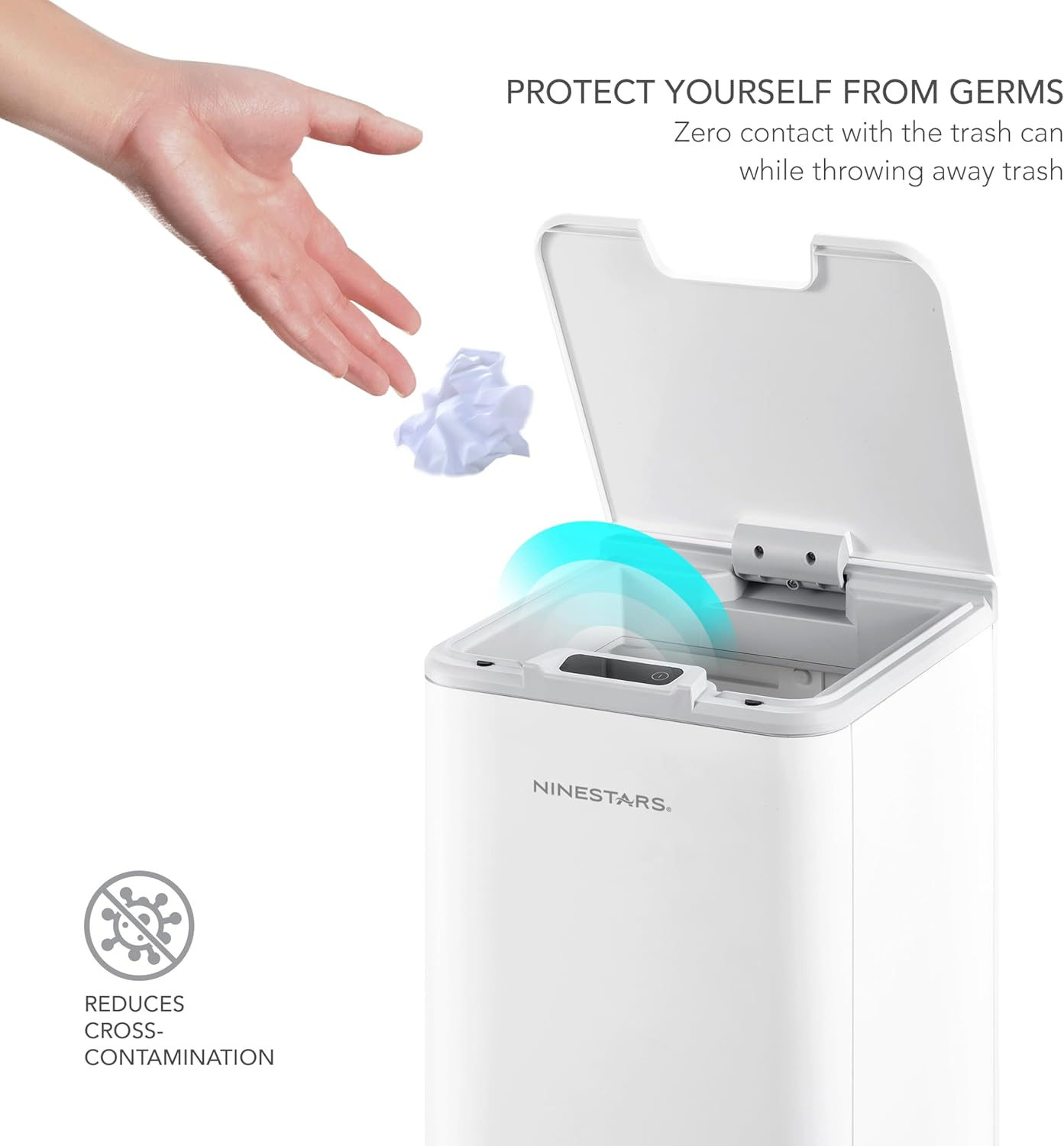 Ninestars DZT-10-35 2.6 Gal / 10L, White Plastic, Square Shape, Motion Sensor Trash Can image number 2