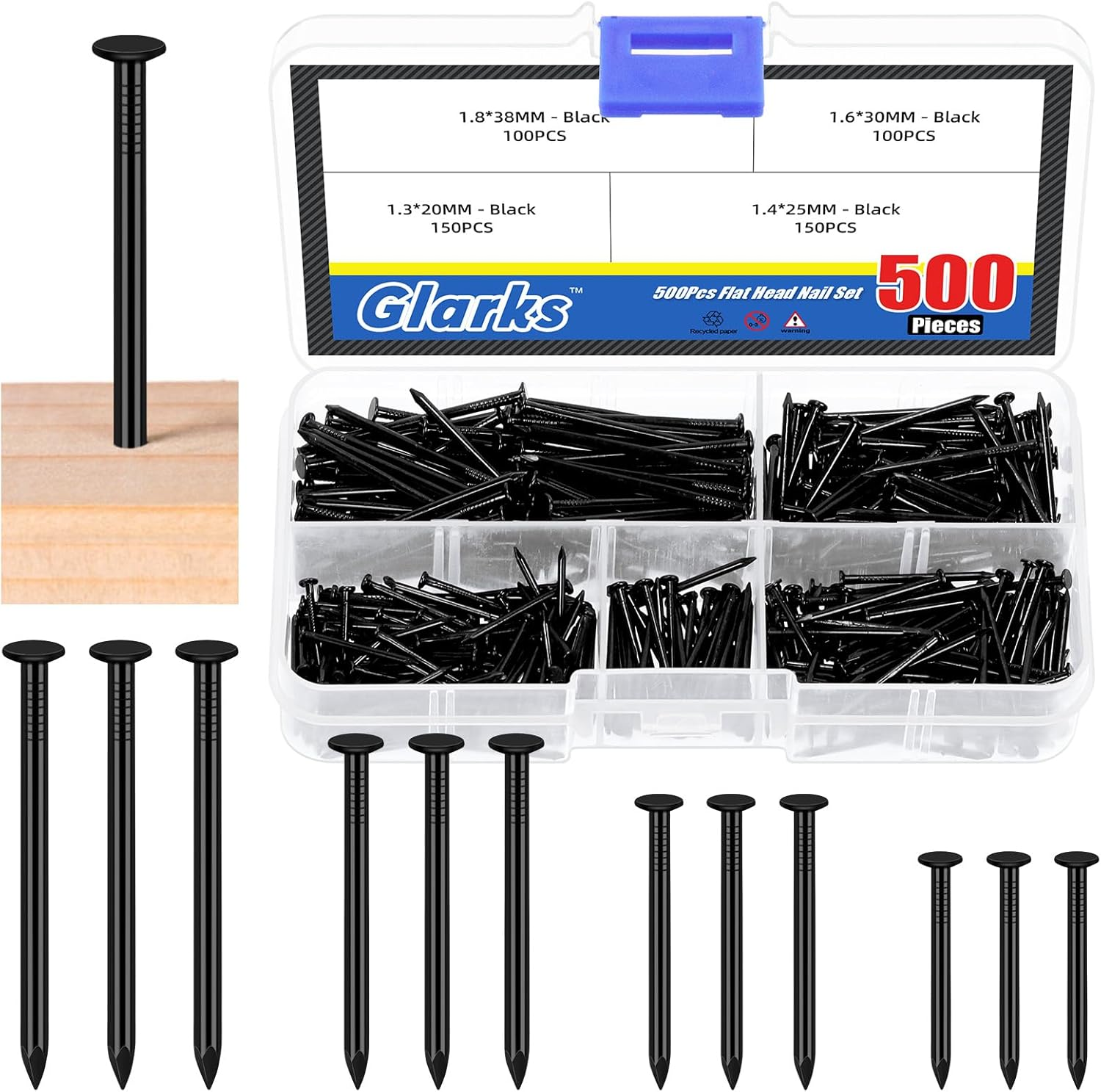 Glarks 500Pcs 20/25/30/38Mm Length Nail Assortment Kit, Black Hanging Nails, Finishing Nails, Wall Nails, Wood Nails, Common Nails, Hardware Nails for Picture Wall Hanging