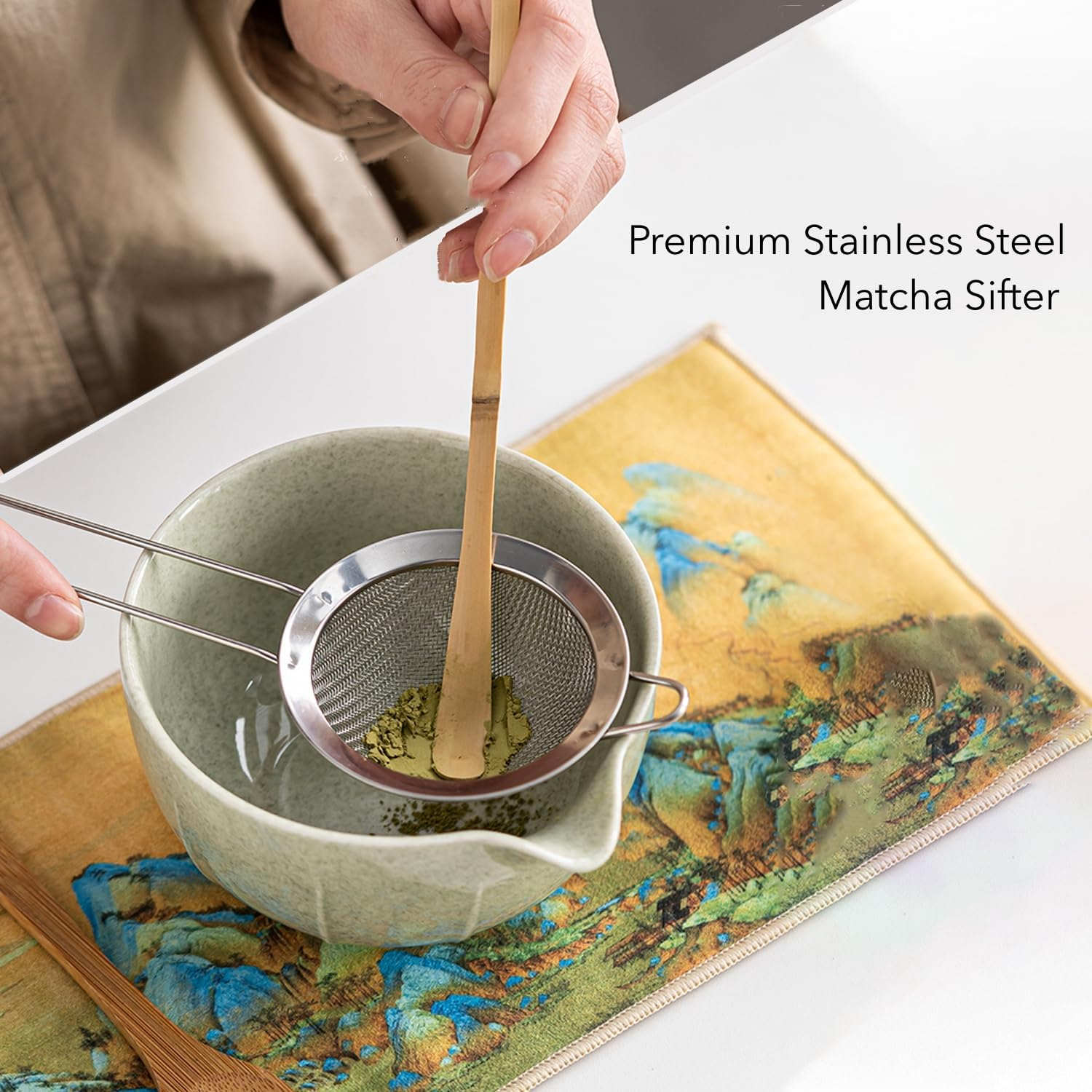 HJB VISSO Matcha Whisk Set - 8PCS Japanese Matcha Tea Kit for Traditional Tea Ceremony, Japanese Tea Making Tools with Whisk, Ceramic Bowl, Scoop,Tea Mat, Classic Green