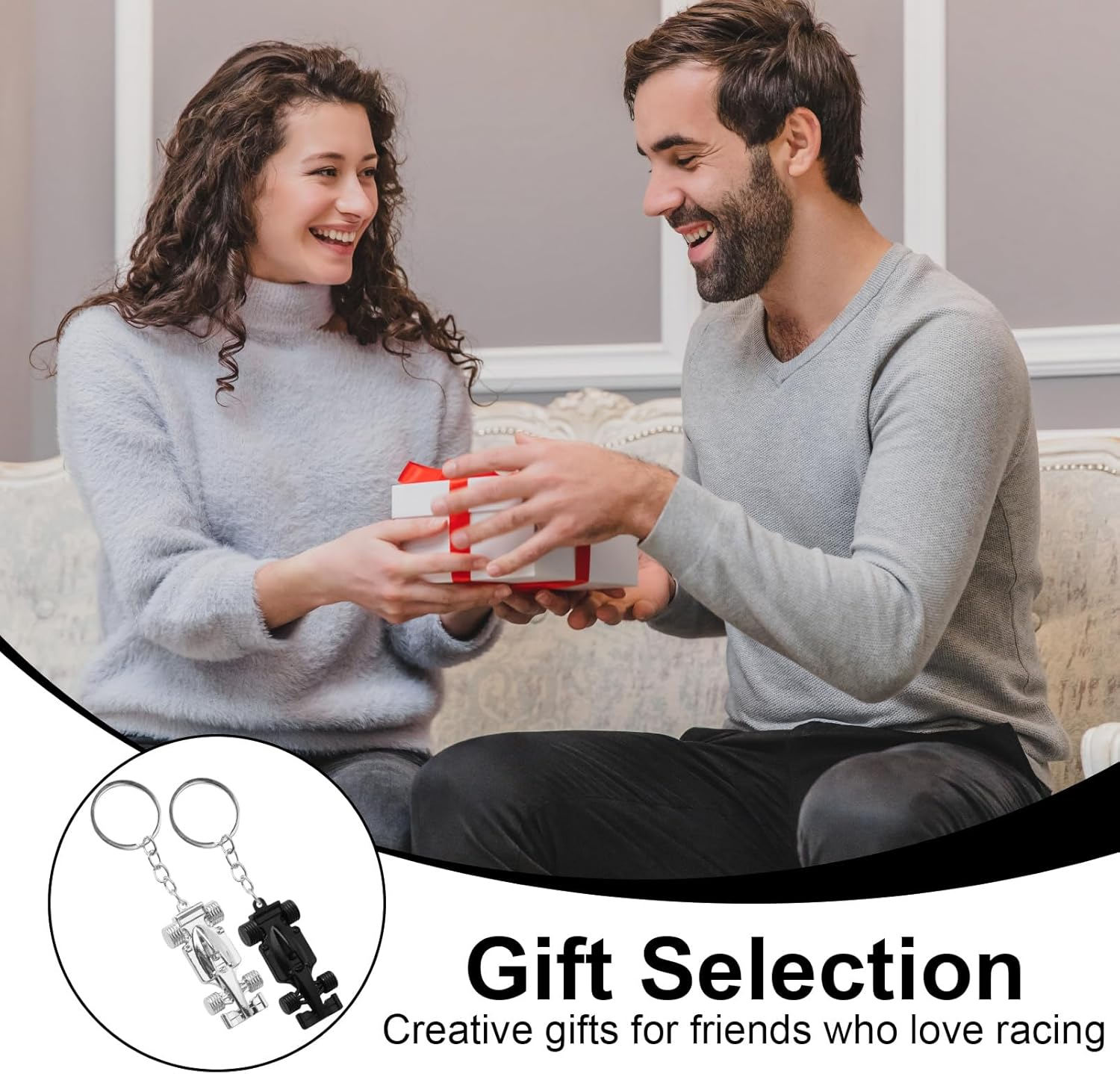 2 Pcs Silver Black Racing Car Keyring Set F1 Key Chains Present for Men Dad Motorsport Fans Fathers Day Birthday Present Durable Metal Key Ring Accessories image number 5