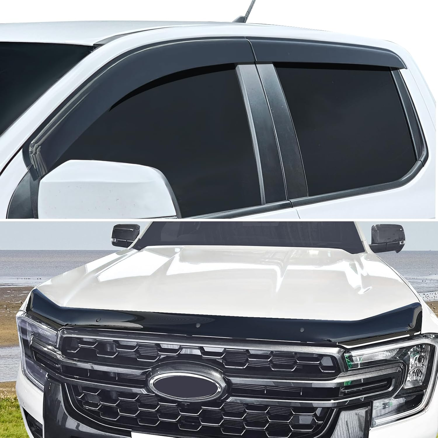 SUERAUTO4X4 Bonnet Protector Weather Shields for Ford Ranger Next Gen 2022-2025 Accessories,Tinted Black Bonnet Stone Guard Weathershields Window Visors Wind Deflectors Injection, 5Pcs/Set image number 5