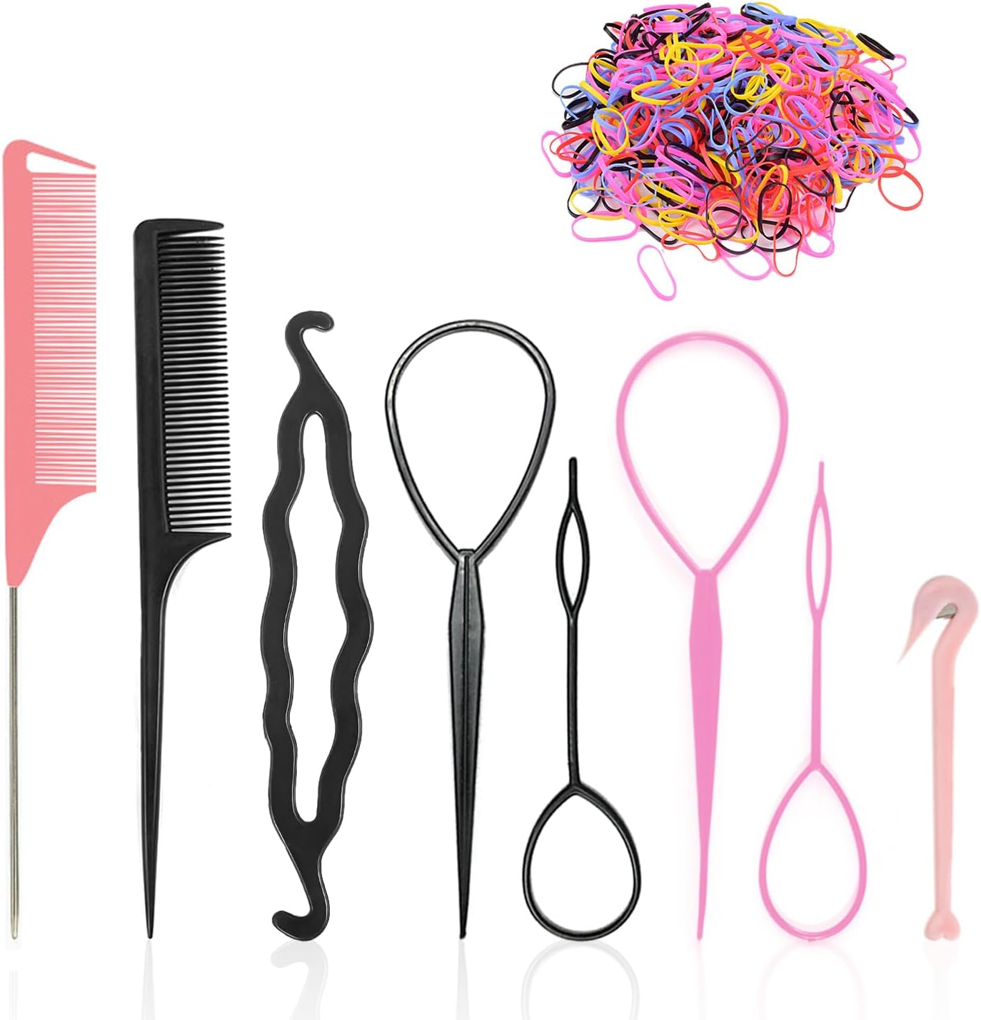2 Sets Hair Braiding Tool with 500 Pieces Small Rubber Rings Tail Hair Braid Accessories Curling Iron Suitable for Women Girls (Pink, Black) image number 3