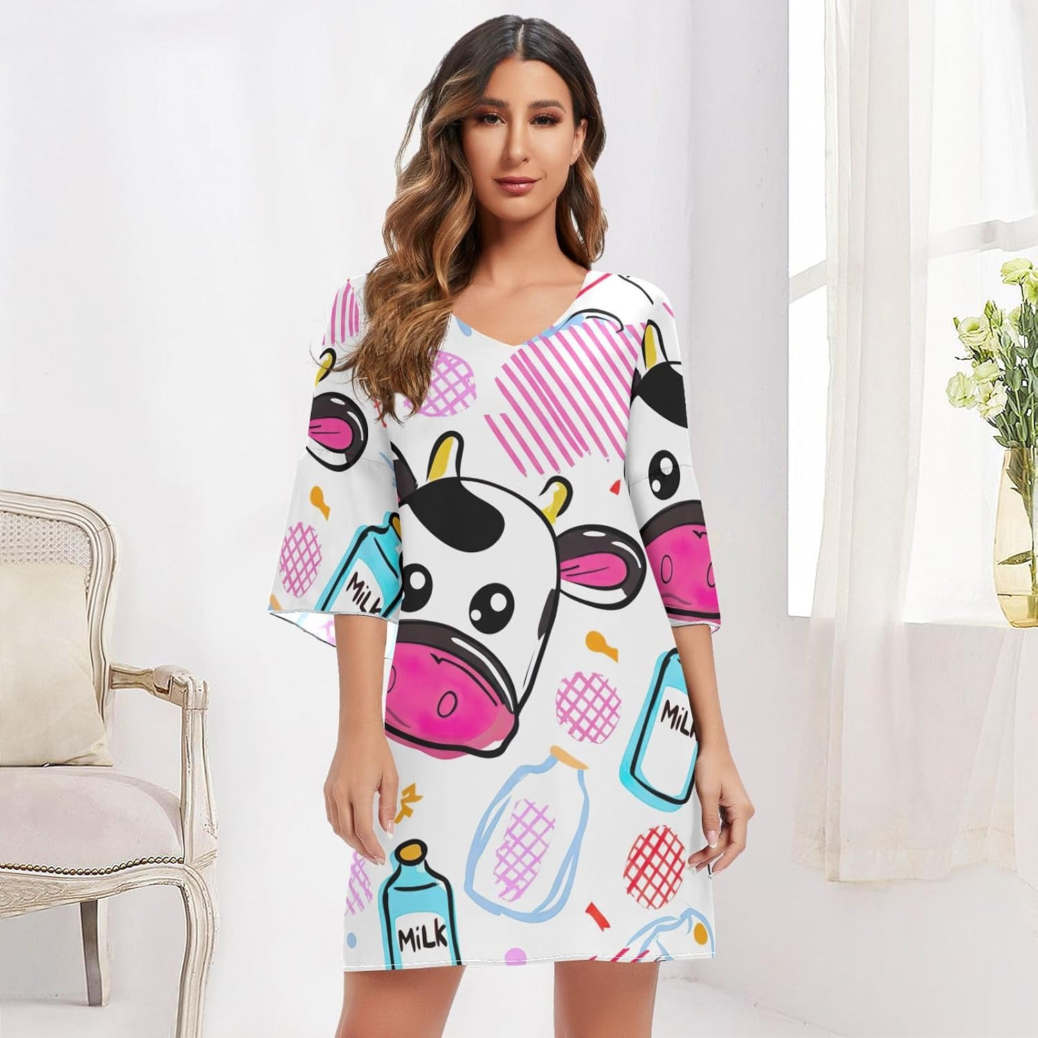 Adorable Cow Pink Casual V Neck Dress Printed Line Maternity Dress S-XXL image number 2