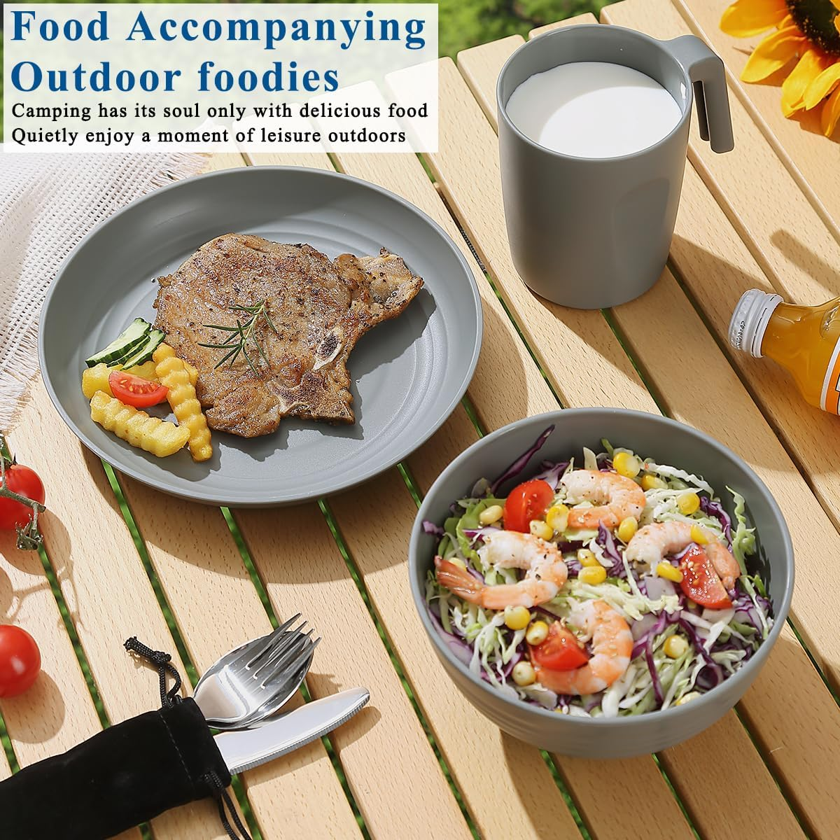 Camping Utensils, Reanea Camping Mess Kit for Travel, Camping, Picnic, Outdoor, Camping Gear Include Knife, Spoon, Fork Cutlery Set, Cup, Bowl, Plate, Camping Essentials for 1 image number 2