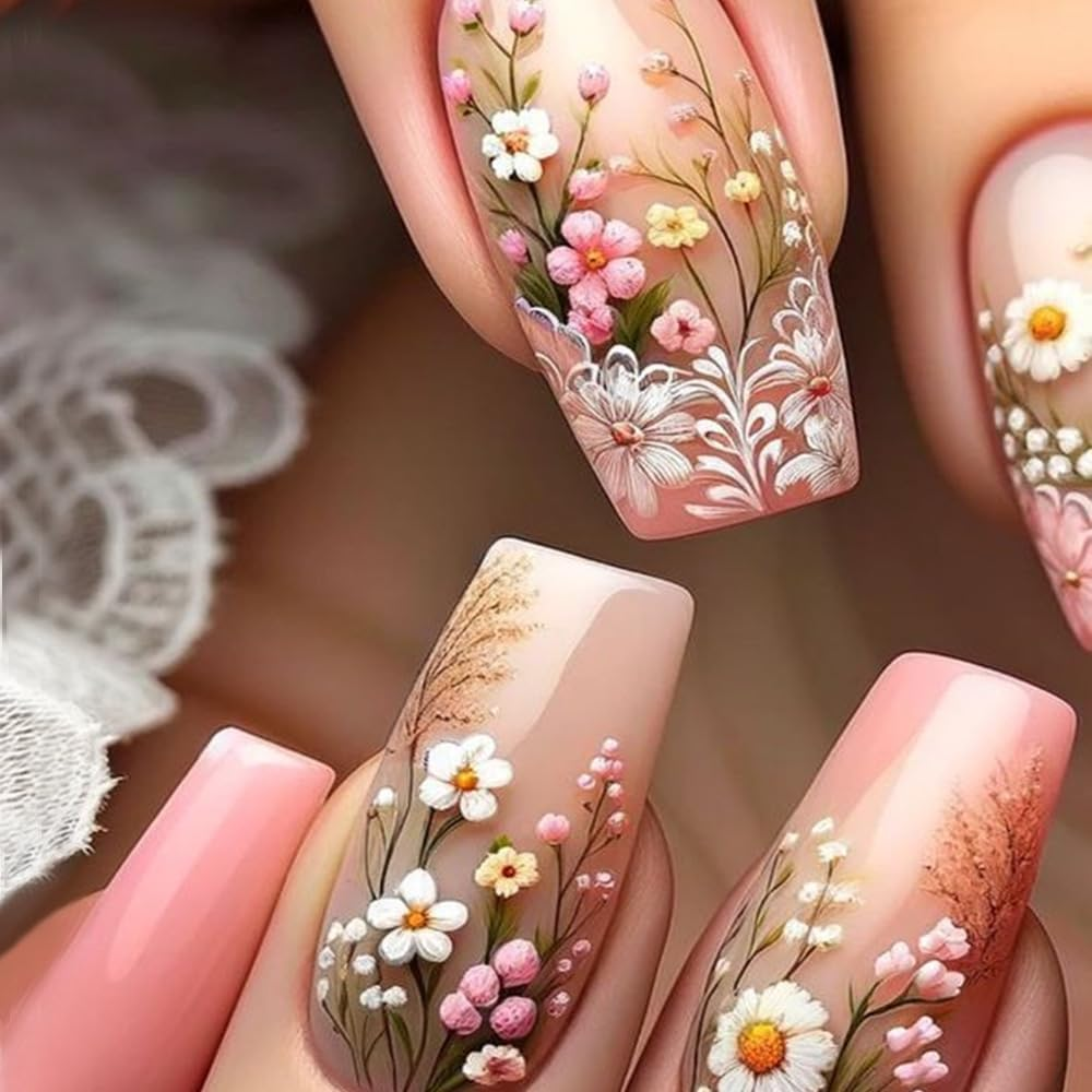 Press on Nails, Rustic Flower Fake Nails, Artificial Nails for Women and Girls -24 Pcs image number 1