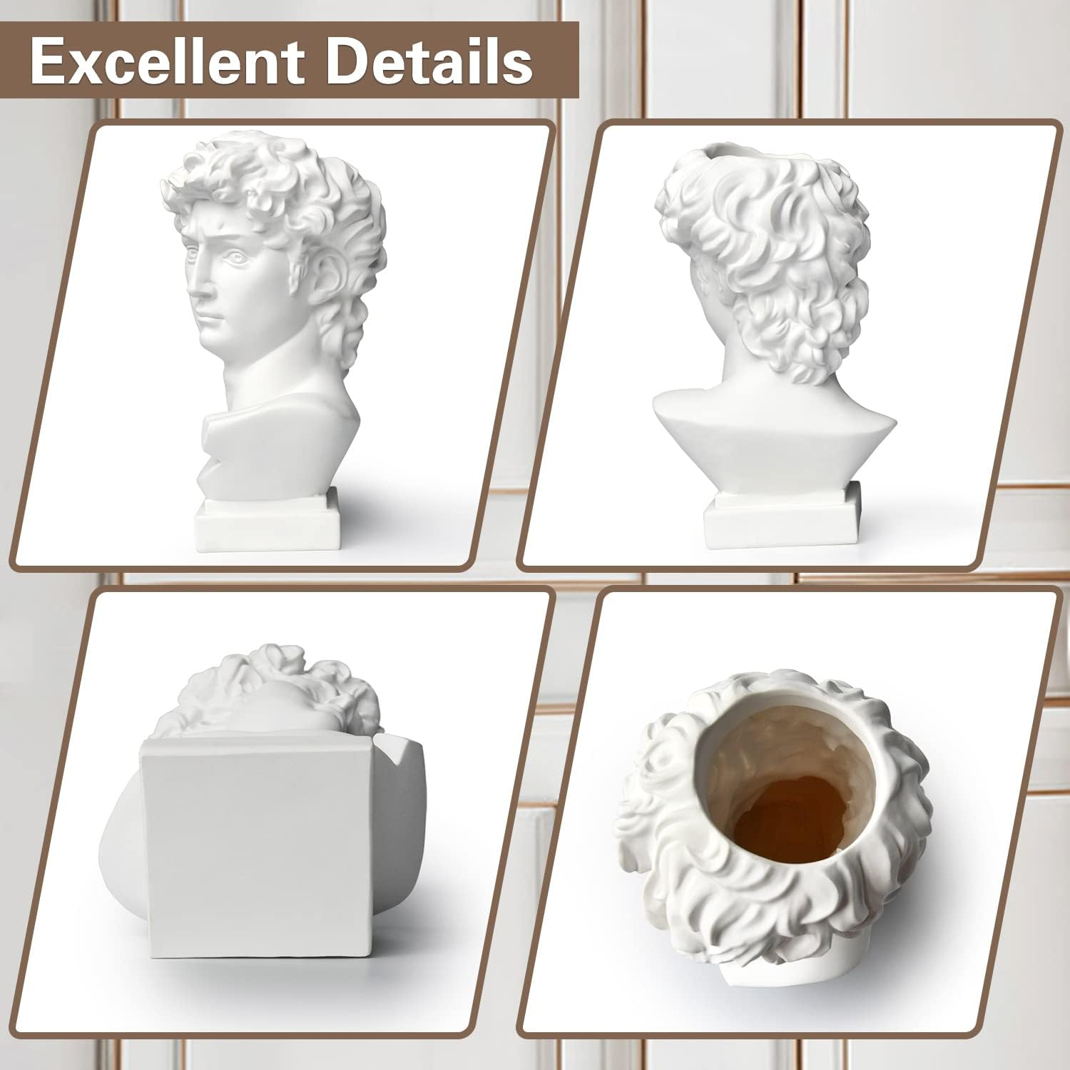 Hosrnovo Greek Statue, 9.8Inch Large David Head Vase Planter for Garden and Home, Roman Style Vintage White Flowers Bowl Creative Housewarming Gift image number 2