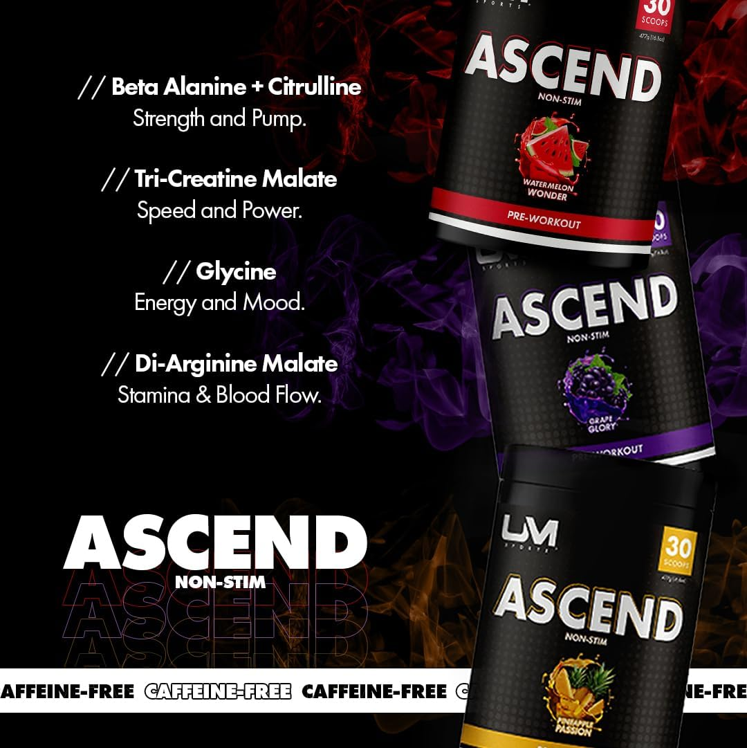 UM Sports Ascend Non-Stim Pre-Workout - Nitric Oxide Boost, Enhanced Endurance & Pump - No Caffeine - Preworkout Supplement Drink for Men & Women (Watermelon Wonder, 30 Serve) image number 1