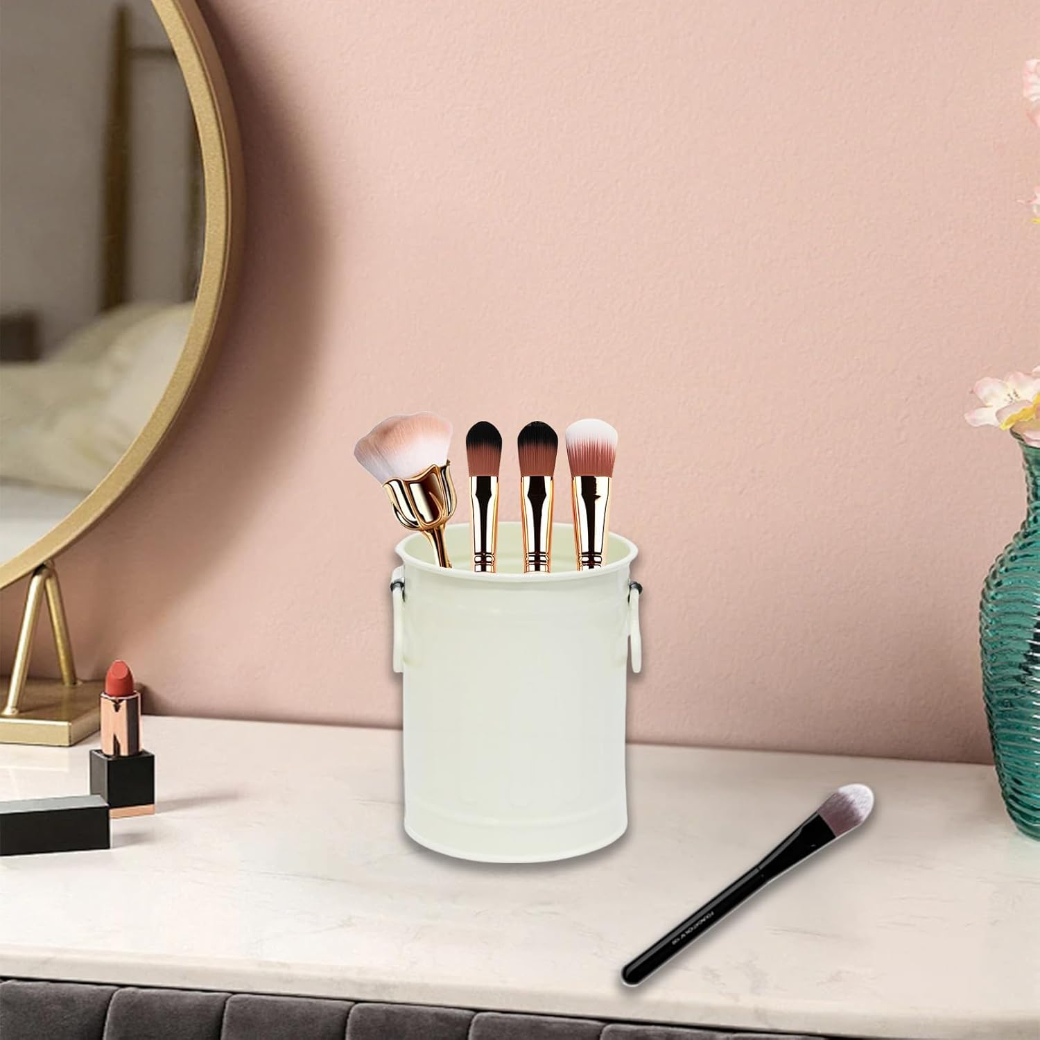 Fkereg Pencil Holder for Desk, Metal Barrel Pen Cup Holder for Desk with Handles, Cute Makeup Brushes Holder, Marker Holder Organizer Storage for Office Classroom Desktop Home (Pink)