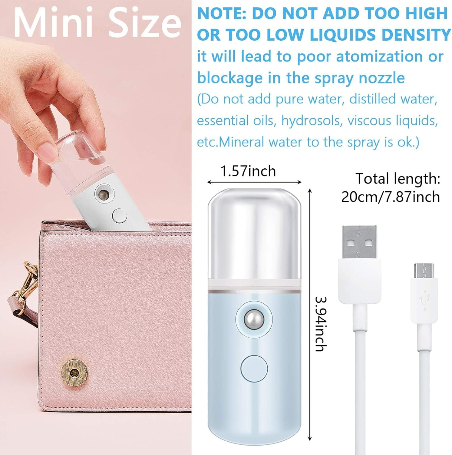 2 Pieces Portable Nano Facial Mister,Compact Facial Mister Spray Bottle with 30Ml Distilled Water Tank for One Touch Hydrating Face Mist,Usb Rechargeable Facial Mist Spray(White & Blue) image number 4