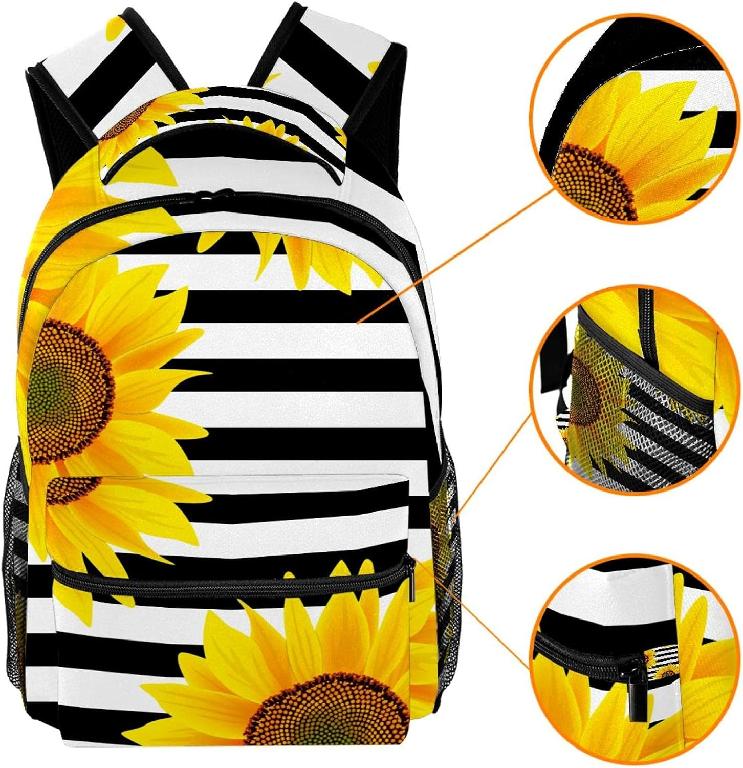 Black and White Striped Sunflower Creative Yellow Backpack Students Shoulder Bags Travel Bag College School Tote Backpacks image number 4