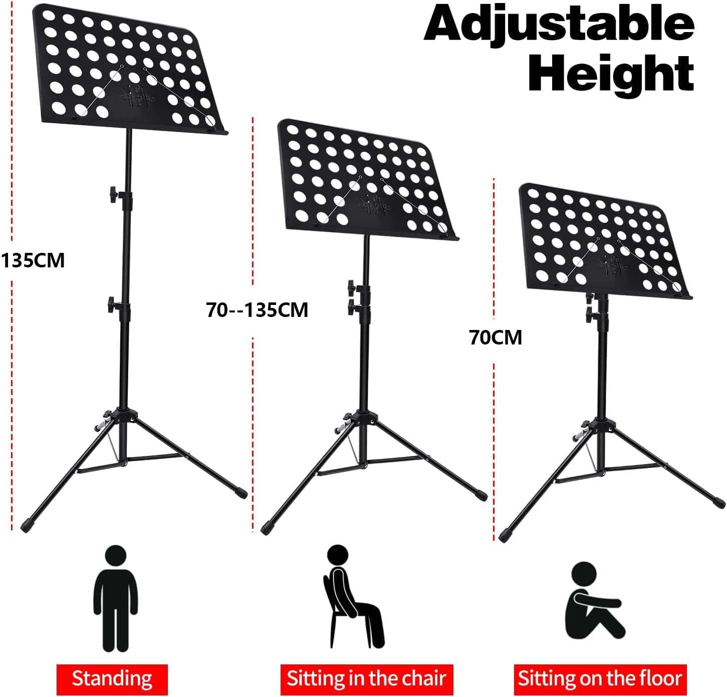 Adjustable Music Stand with Carrying Bag, 70.0-134CM Height Range, Black Metal Construction, Portable Sheet Music Holder image number 4