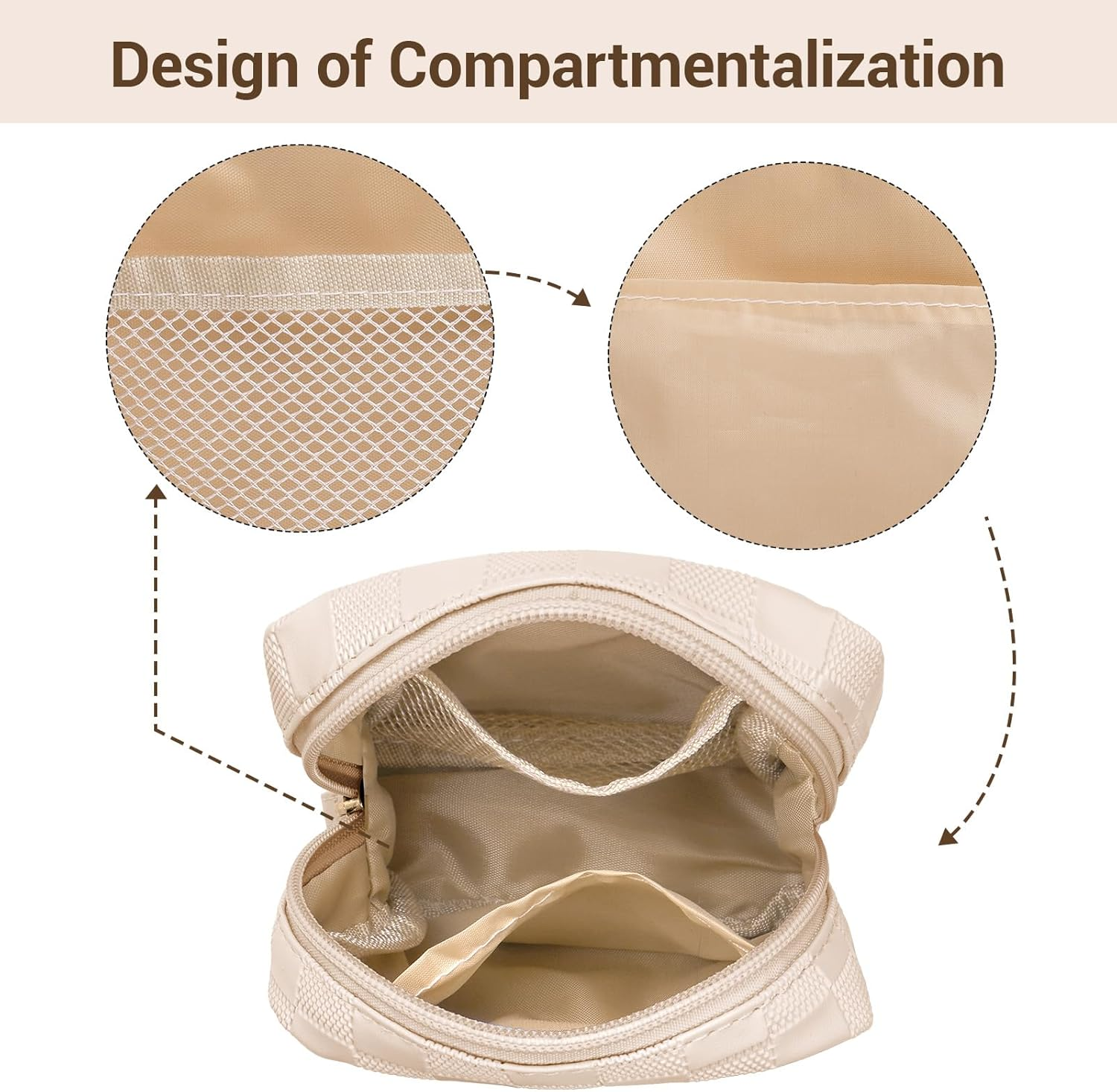 MAGEFY Small Makeup Bag for Purse, Checkered Makeup Bag Small Pouches for Purse Leather Mini Make up Bag Cute Cosmetic Bag for Women with Slip-In Pockets (Beige) - Blue-L image number 7