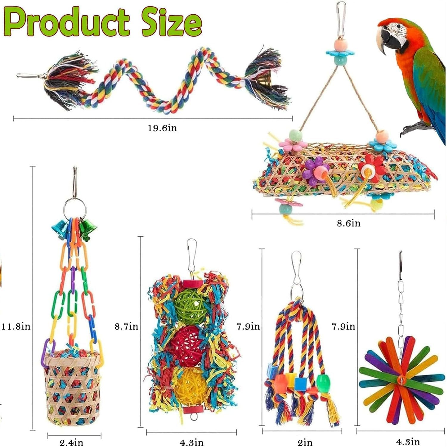 Wakouter Bird Toys, 6 Pcs Parrot Toys, Bird Swing Hanging Standing Chewing with Colorful Shredding Foraging, Climbing Ladder Bird Cage, for Lovebird, Conure, Cockatiel, Finches, Parakeets, Macaws image number 2