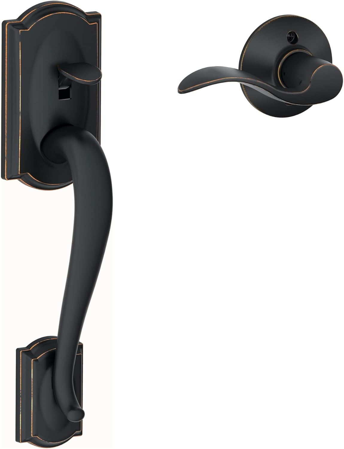 Schlage Camelot Front Entry Handle Accent Right-Handed Interior Lever (Bright Brass) FE285 CAM 505 Acc 605 RH - Aged Bronze