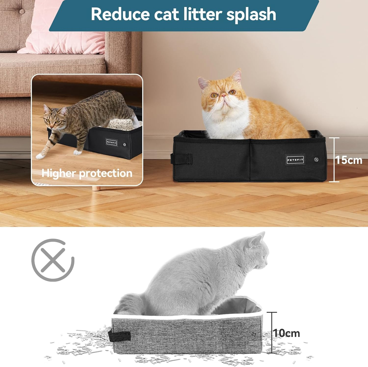 PETSFIT Cat Litter Box Large,Outdoor Cat Litter Box Waterproof Bottom, Zipped Travel Kitten Toilet, Standard Portable Collapsible Litter Carrier for Cats, Leak-Proof, Lightweight Black, 48 X 38X 15Cm image number 4
