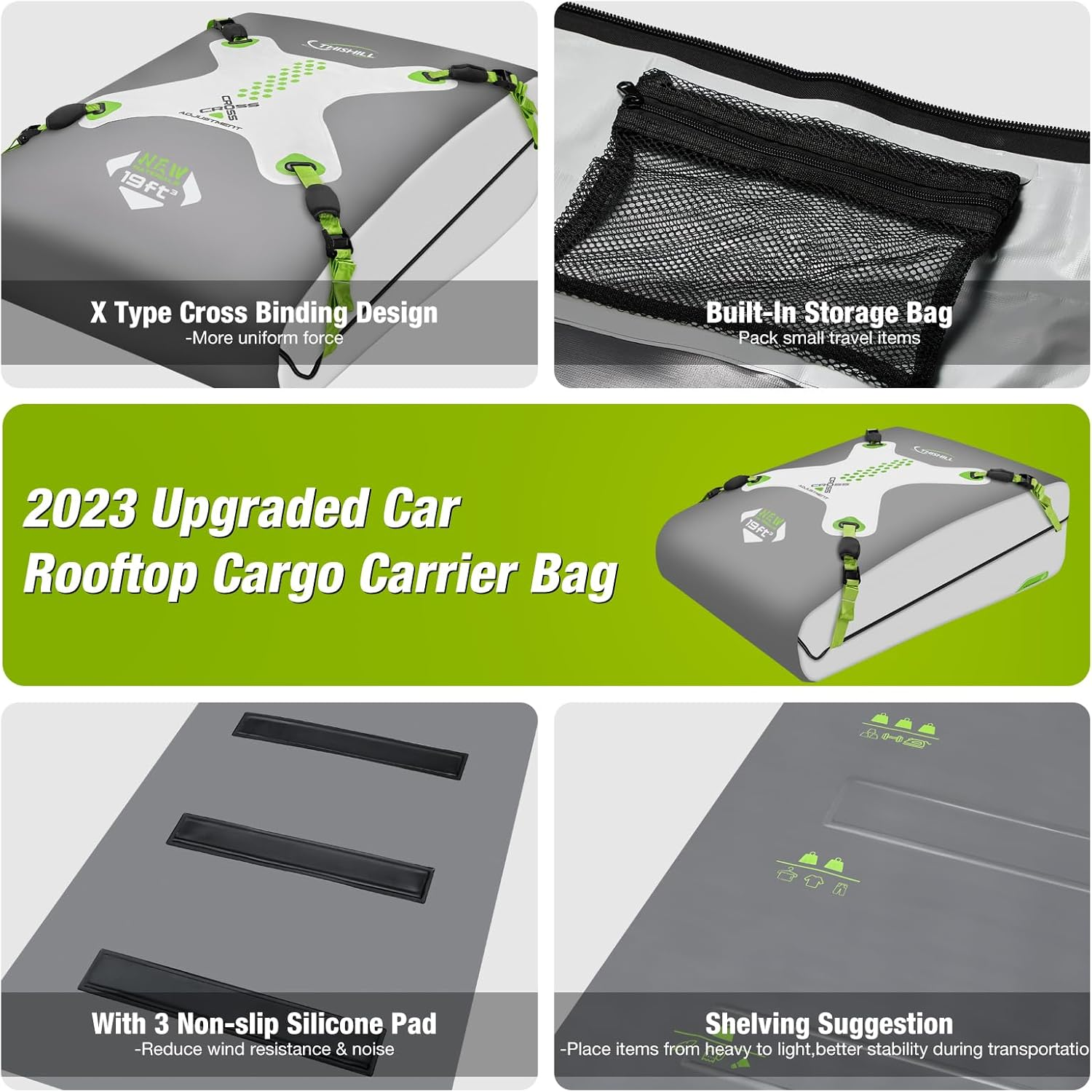 Car Rooftop Cargo Carrier Bag 19 Cubic Feet,2023 Upgraded Non-Rip 100% Waterproof Roof Bag Luggage Storage Carriers for All Vehicles With/Without Rack,Including 8 Reinforced Straps+ 4 Door Hooks