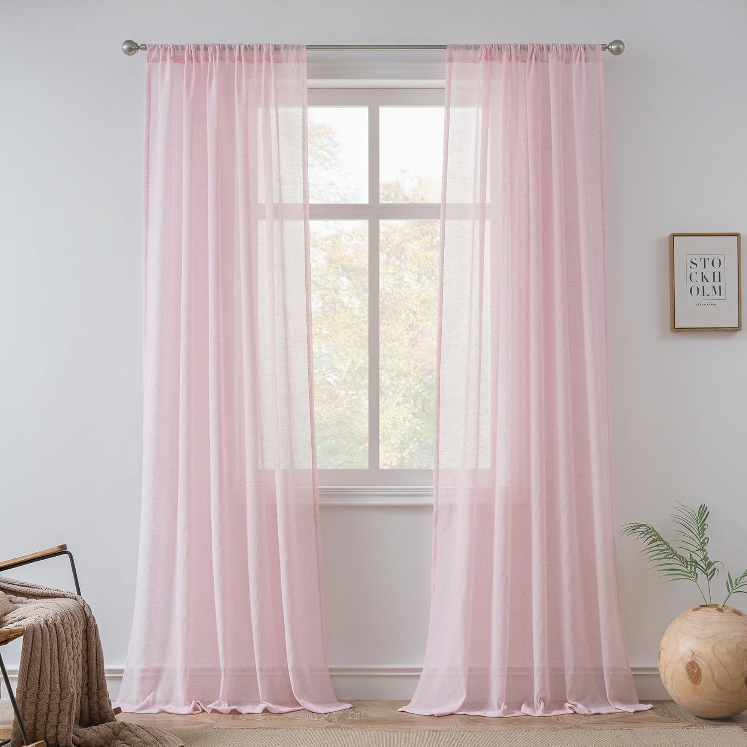 Linen Sheer Curtains 2 Panels, Fabric Polyester Linen Blend, Natural, 84" L | Window Curtains