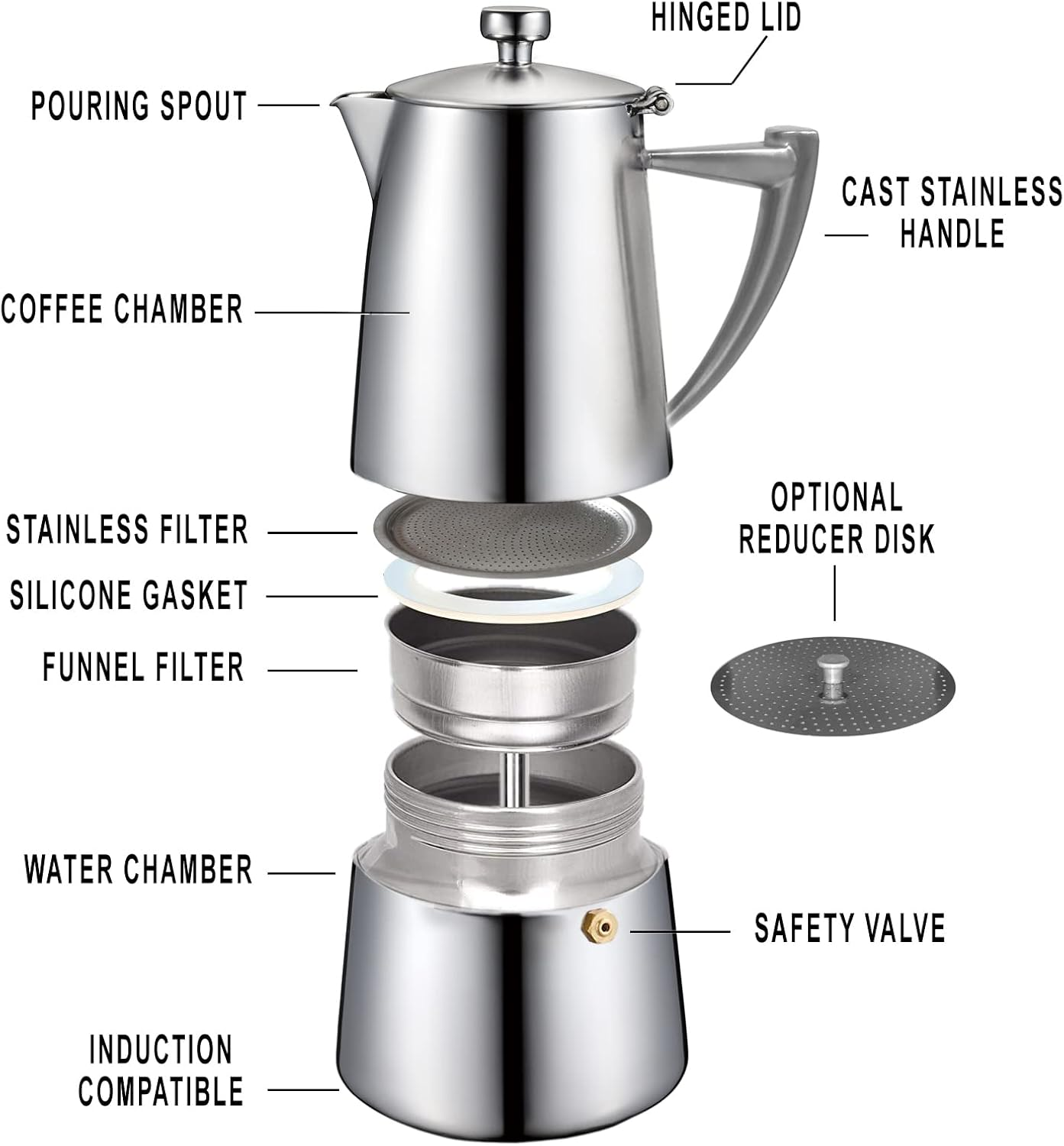 CUISINOX Roma Satin Stainless Steel Moka Pot Stovetop Espresso Maker, 6-Cup image number 6