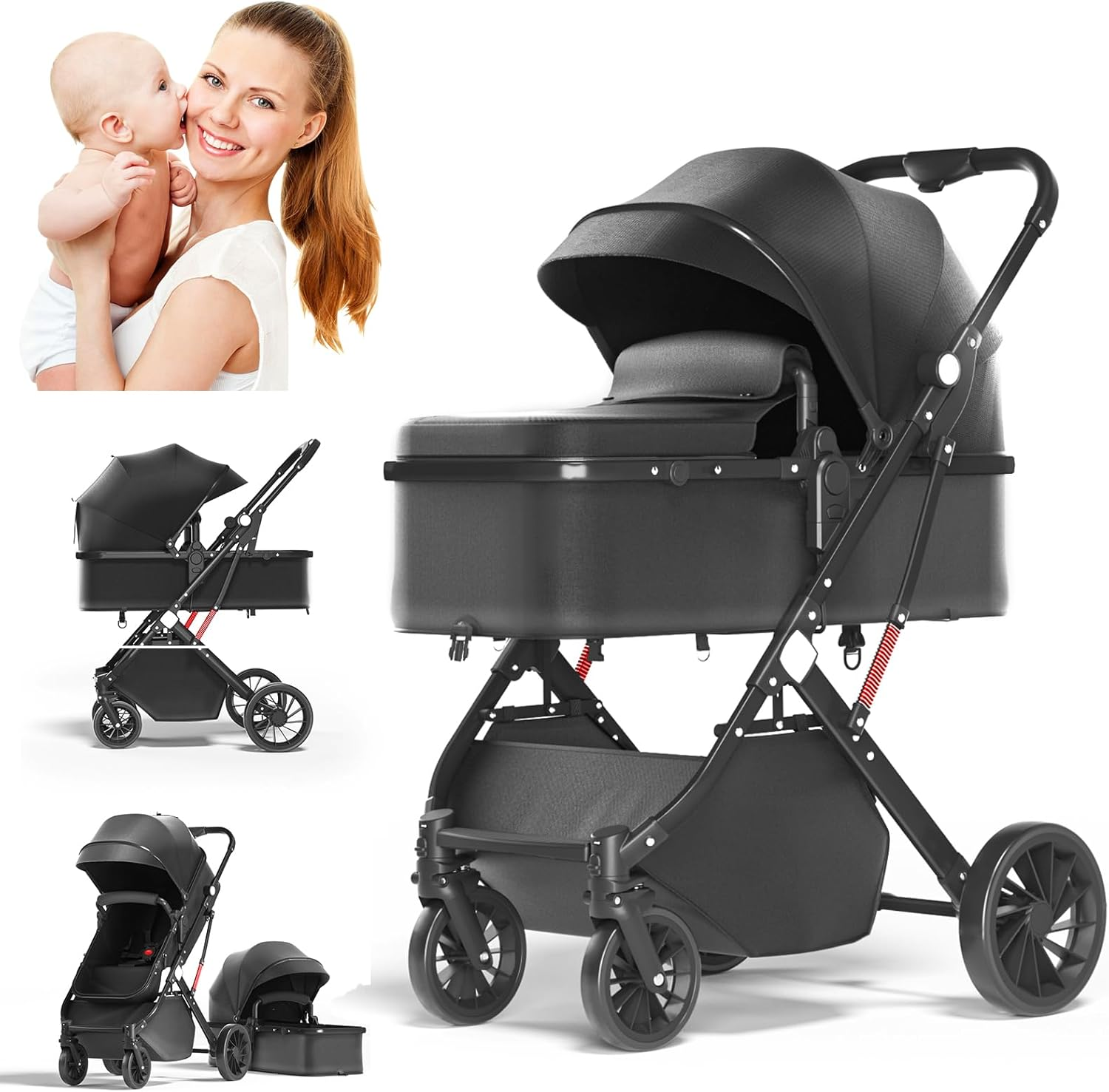 Lightweight Baby Stroller, Compact Toddler Travel Baby Pram for Airplane, Easy One-Hand Fold Newborn Pram, Adjustable Backrest & Canopy, Storage Basket, Self-Standing Gravity Fold image number 2