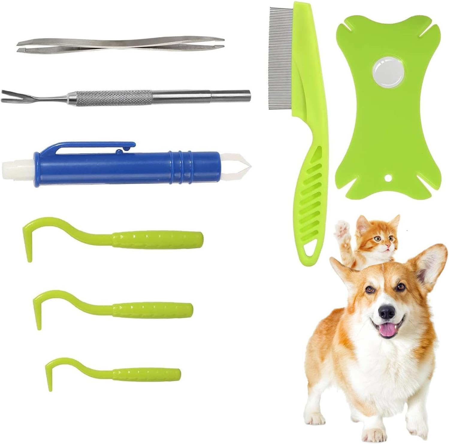 Tick Removal Tool Kit 8 in 1 for Dogs Cats with Storage Box, Effective,Safe & Easy,Stainless Steel Metal Grooming Flea Comb and Tick Tweezers,For Humans and Pets(With Magnifying Glass)