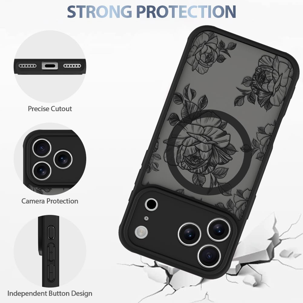 ELEPIK Black Floral Series for Iphone 17 Pro Max Case, [Compatible with Magsafe] [Military Shockproof Protection] Flower Pattern Design Phone Case for Women Girls Slim Magnetic Cover, Black Rose image number 6
