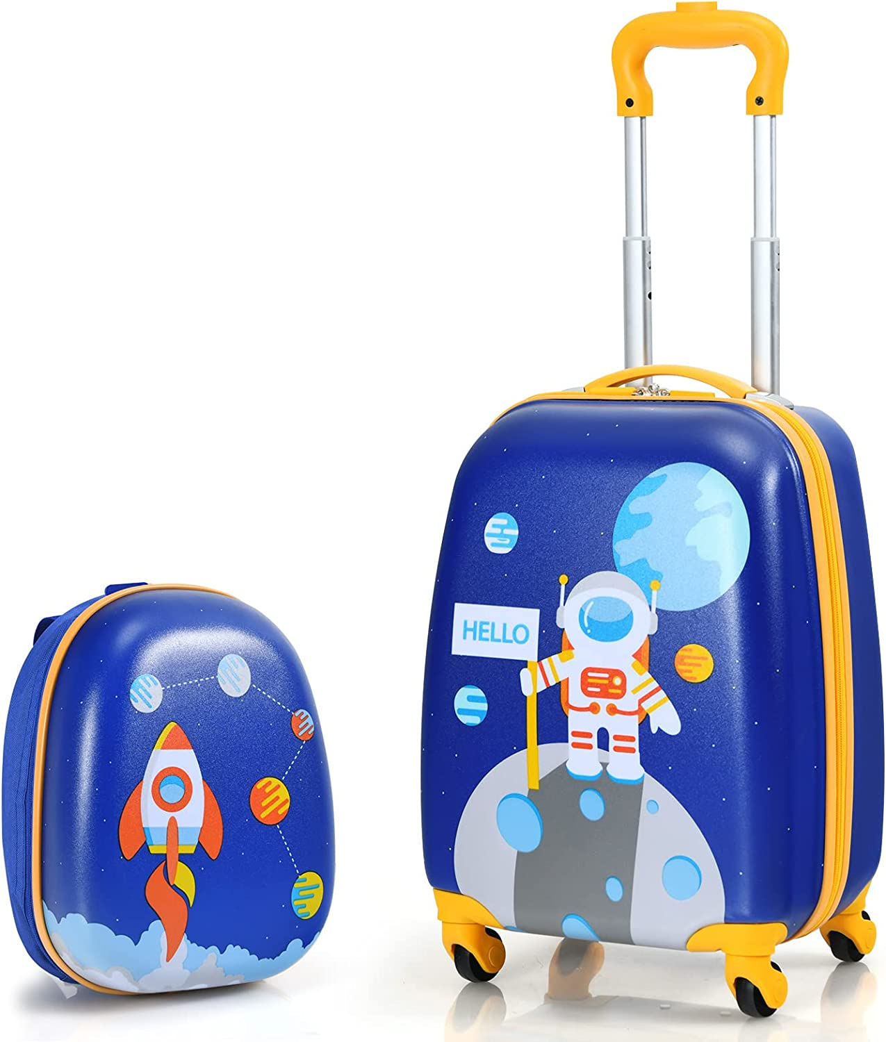 Costway 2PCS Kids Luggage Set, 13" & 18" Carry on Suitcase Set W/Spinner Wheels & Cute Mermaid Pattern, Adjustable Trolley Rod Height & Backpack Shoulder Strap (Astronaut)